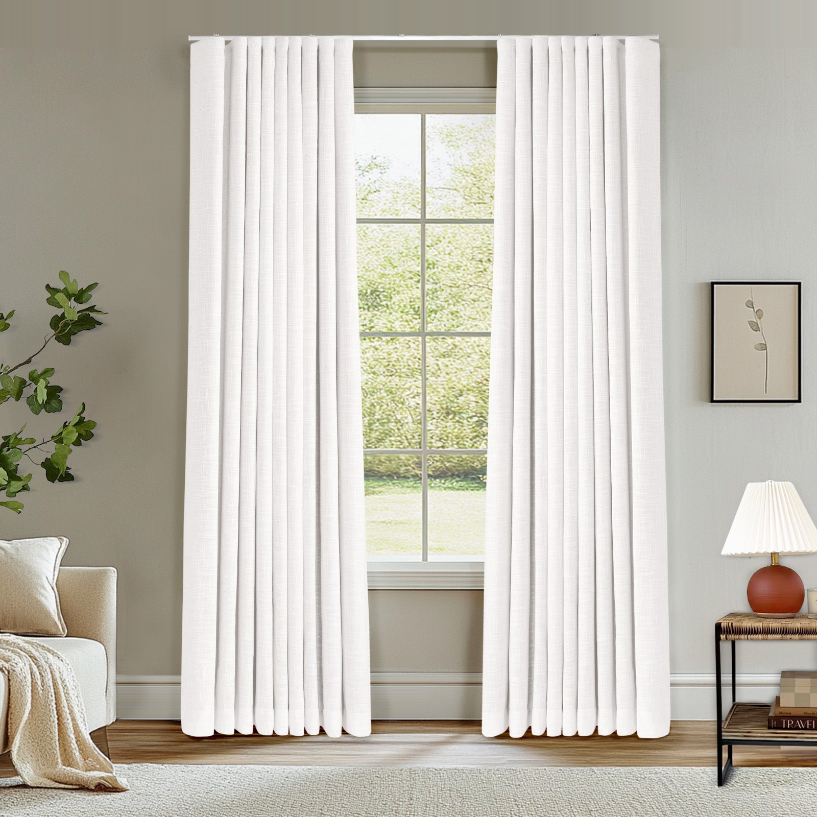 Ripple Fold Lille Linen Blackout Curtains - Custom Thermal Insulated Drapes with Ceiling Track - Oak Dim Grey for Living Room & Bedroom Window Treatments