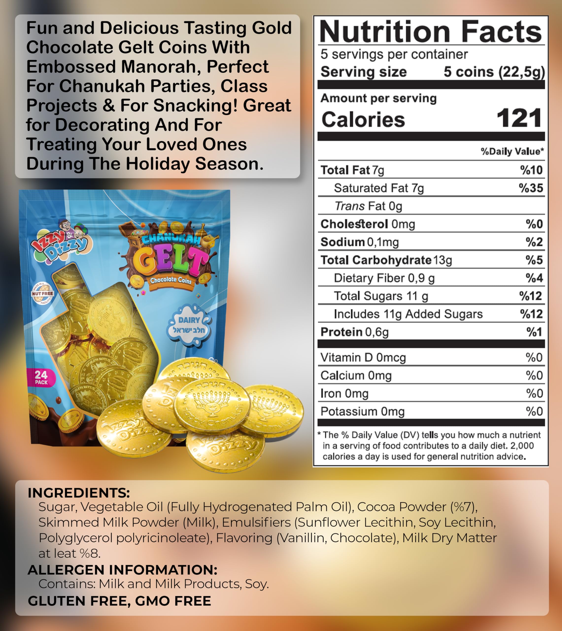Kosher Milk Chocolate Hanukkah Gelt Coins - Nut Free Dairy, Menorah Embossed - 25 Pack for Hanukkah Celebrations, Party Favors, and Holiday Gift Giving