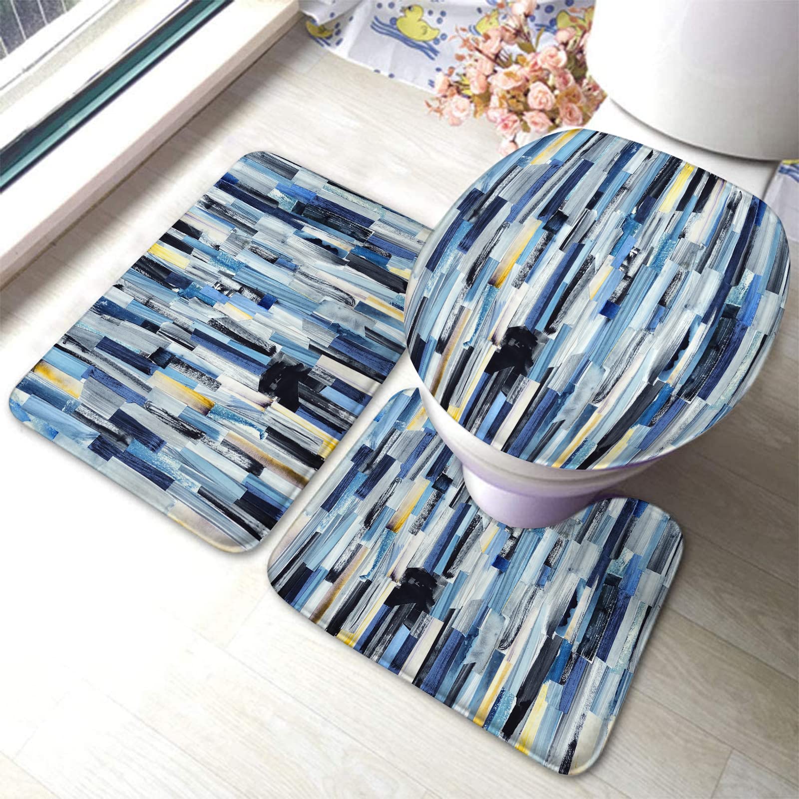 3-Piece Bathroom Rug Set - Teal Ink Abstract Stripes Geometric Multicolor Texture, Washable Bath Mats for Bathroom Floor - Perfect for Bathroom Decor, Shower Mats & Home Spa Experience