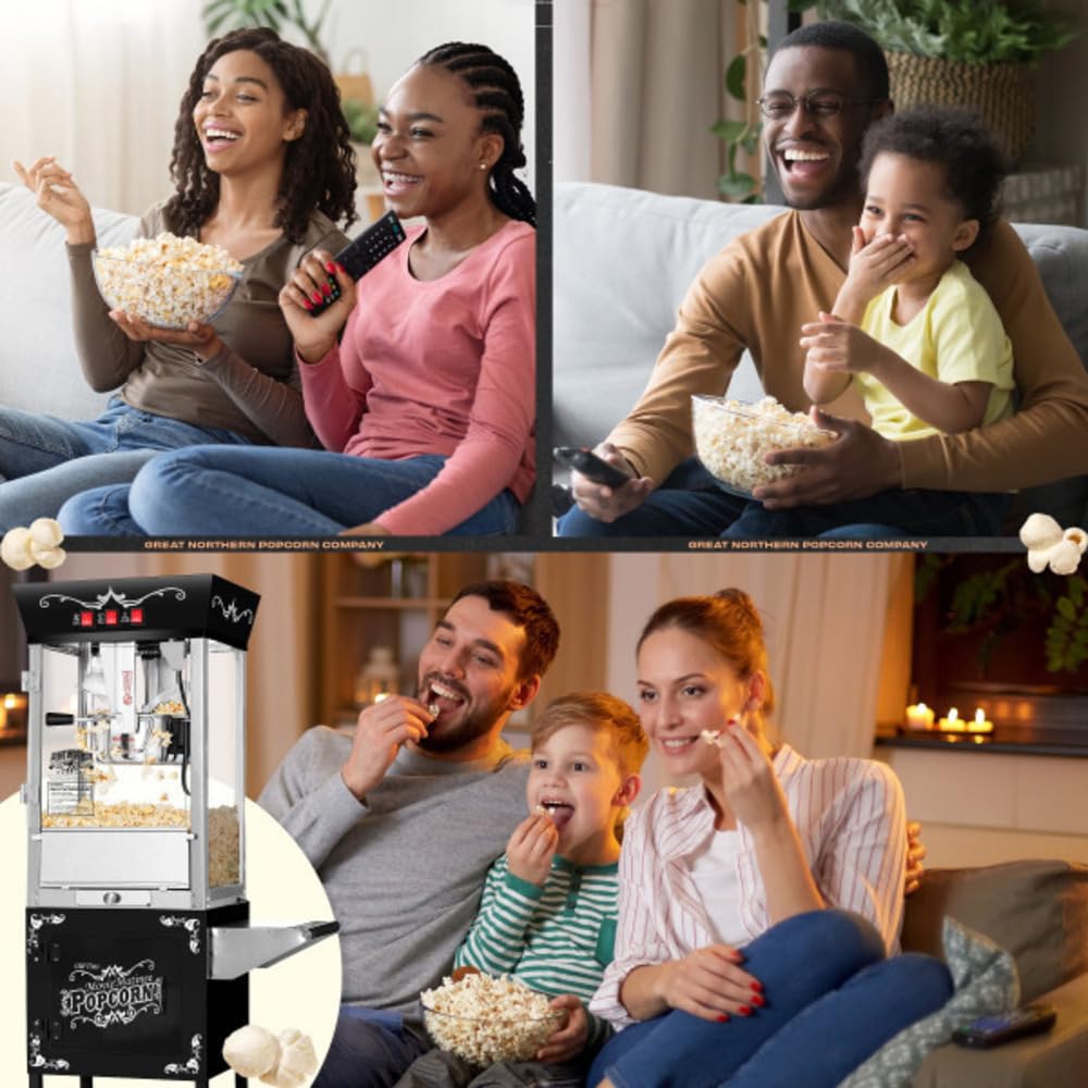 Great Northern Popcorn Matinee 8oz Commercial Popcorn Machine with Cart - Stainless Steel Kettle, Warming Light & Accessories - Perfect for Movie Nights, Parties & Concession Stands (Black)