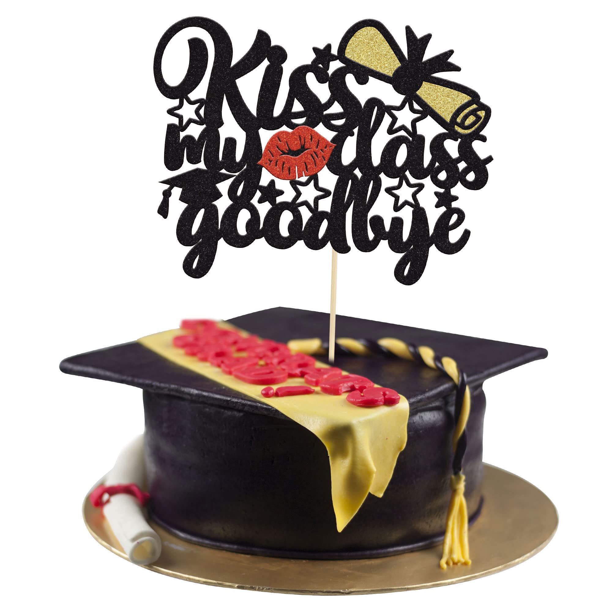 Gyufise 1 Pack Black Glitter 'Kiss My Class Goodbye' Cake Topper - 2025 Graduation Party Decorations, Cake Picks for Graduation Ceremony, High School & College Celebration Supplies | Perfect for Graduation Cakes, Cupcakes, Dessert Tables & Party Decor