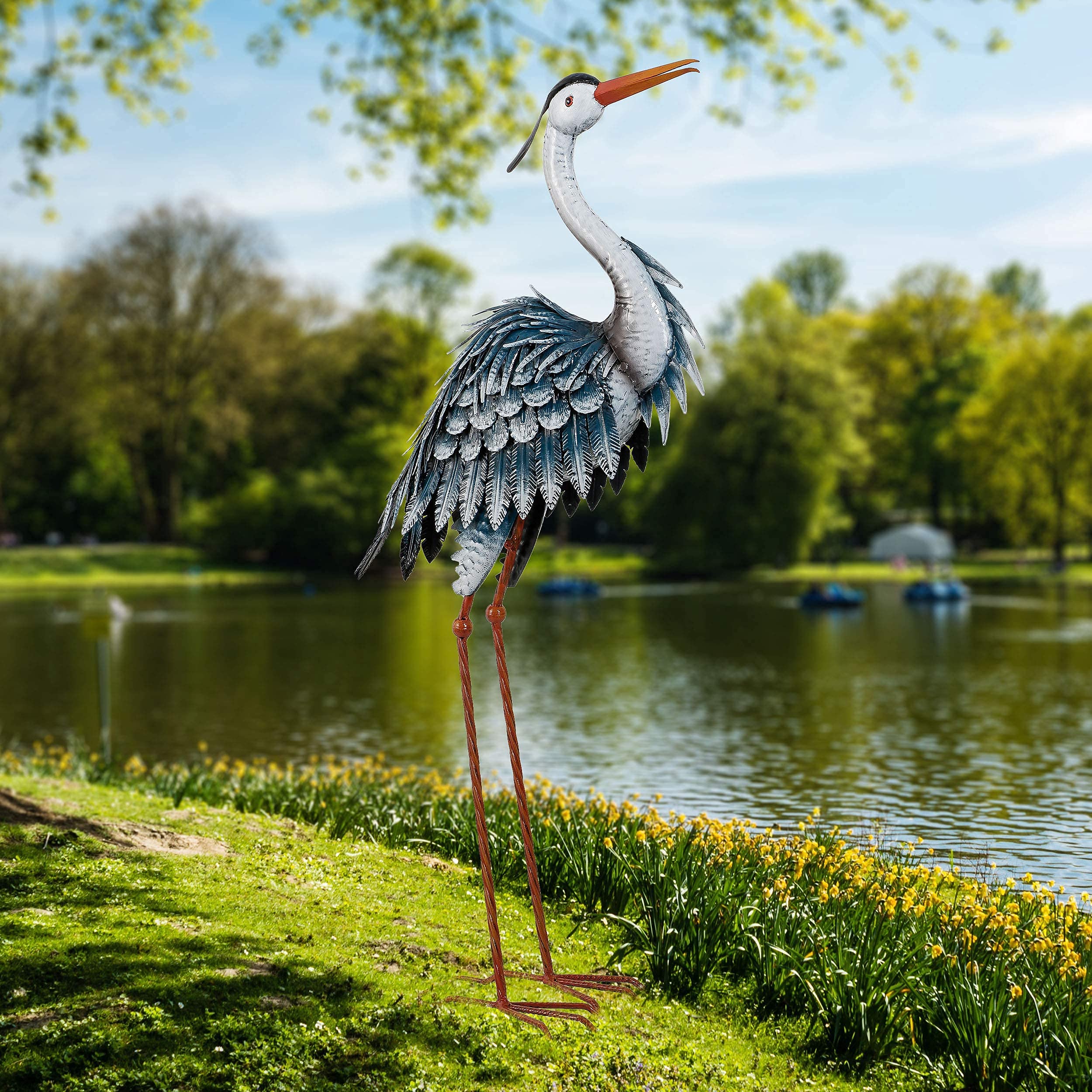 Large Metal Blue Heron Statues for Outdoor & Indoor Decor - Set of 2 (37-40.7