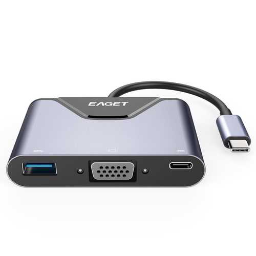 EAGET CH06 USB C Hub with USB 3.0, VGA, and Type-C Ports - 4-in-1 Multiport Adapter for MacBook, iPad, iPhone & Smart TV - Perfect for Home Office, Online Classes & Presentations
