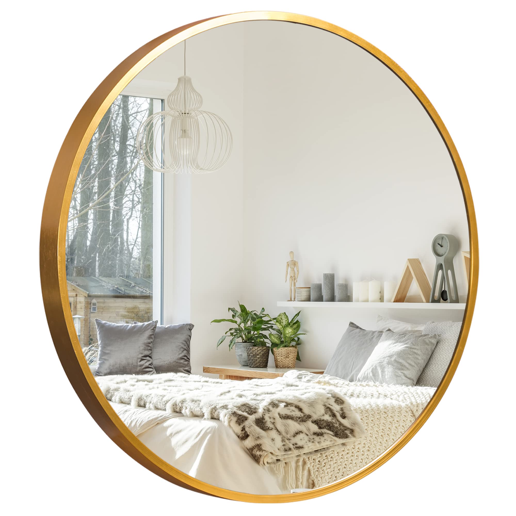 36 Inch Round Wall Mirror - Aluminum Alloy Frame Large Vanity Mirror for Bathroom, Bedroom, Living Room & Entryway - Golden Decorative Hanging Mirror for Home Decor & Makeup Area