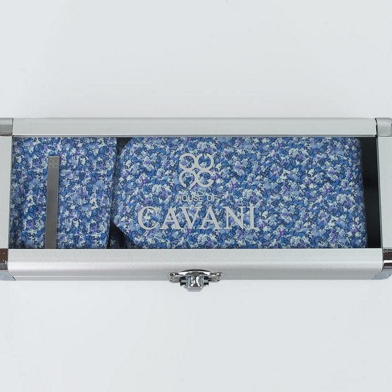 Cavani Blue Floral Silk Tie Set with Pocket Square - Premium Gift Box - Perfect for Weddings, Business Meetings & Formal Occasions