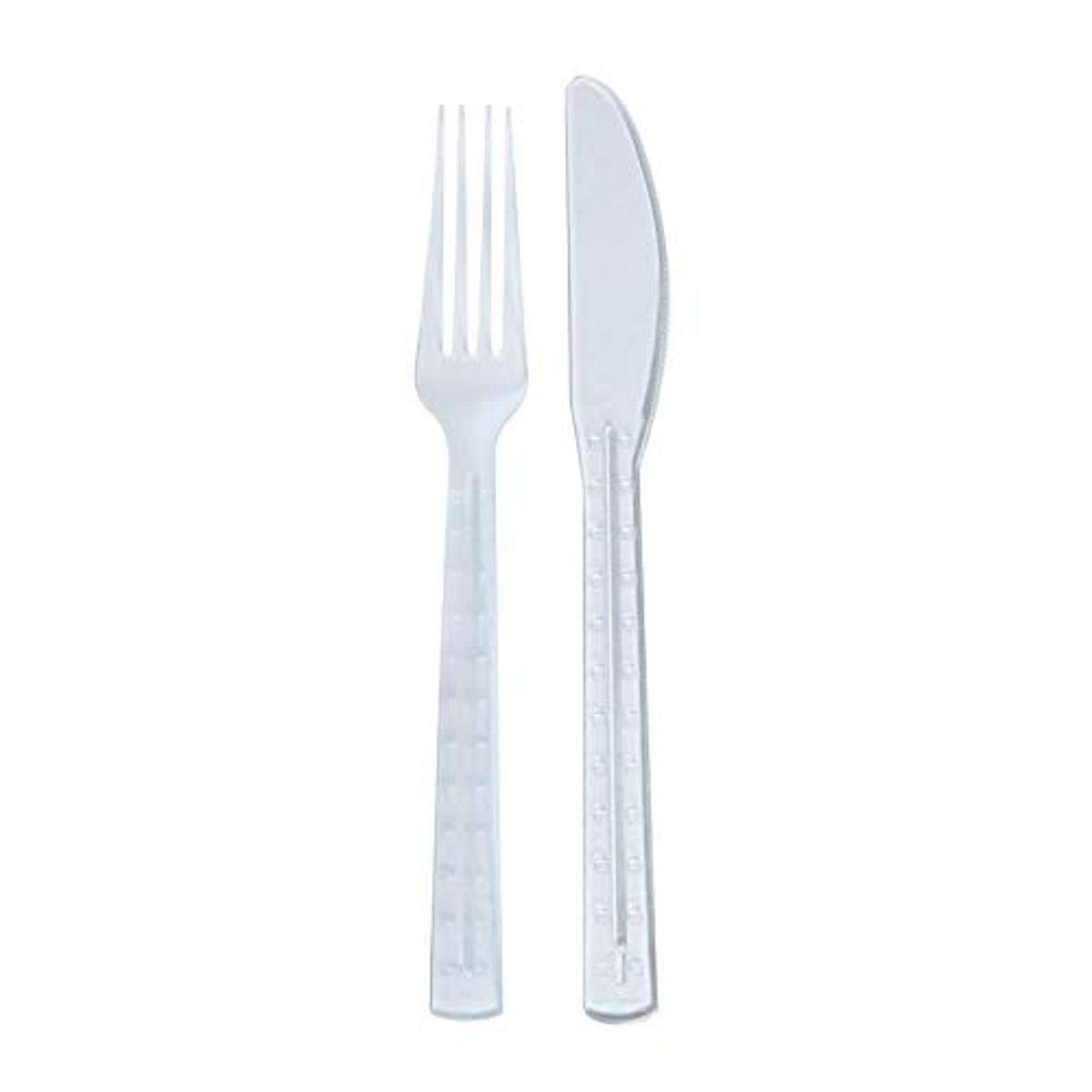 PACKNWOOD 250-Pack Heavy Duty Disposable Plastic Cutlery Set - 7.5 Inch White Utensils with Fork & Knife - Clear First Class Kit for Parties, Picnics, Catering & Travel - Eco-Friendly Disposable Cutlery