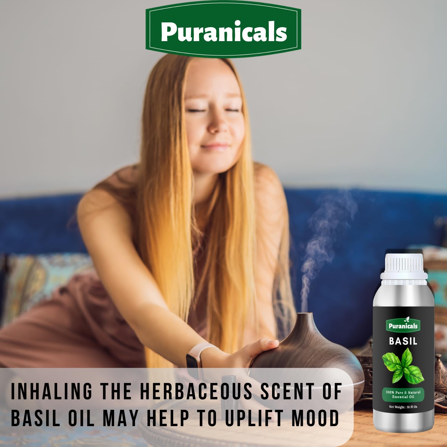 Puranicals Basil Essential Oil 16oz - 100% Pure Natural Undiluted Premium Therapeutic Grade Aromatherapy Oil for Diffuser, Massage & Relaxation
