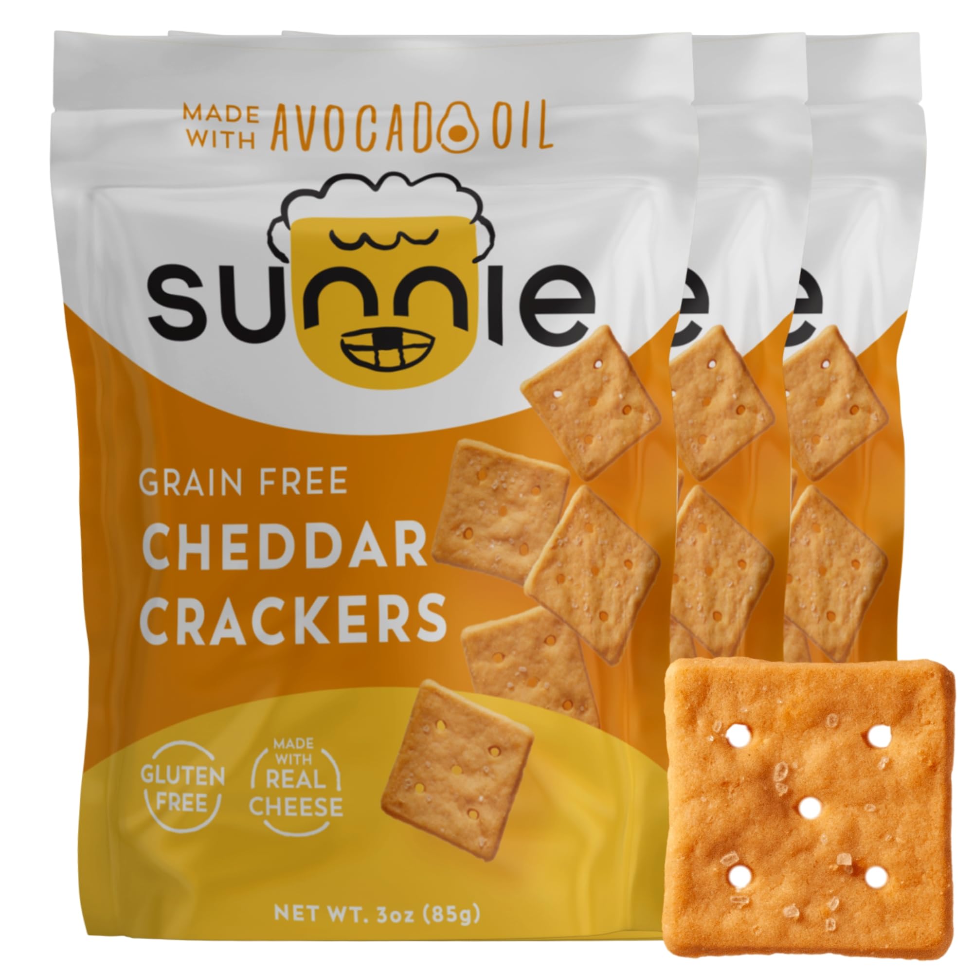 Gluten Free Cheddar Crackers - Healthy Grain Free Snacks with Real Cheese & Avocado Oil | Low Calorie, Individually Wrapped (3 oz, Pack of 3) | Perfect for School Lunches, Office Snacks & On-the-Go Healthy Eating