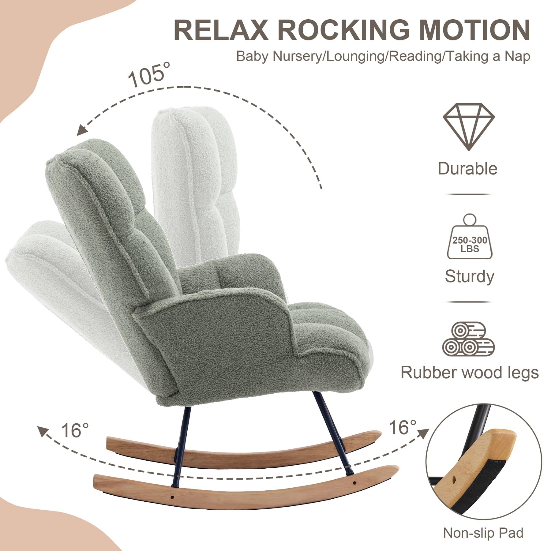 Comfy Teddy Upholstered Glider Rocking Chair with Padded Seat & High Back - Nursery Rocker for Baby Room, Living Room or Bedroom (Sage Green) | Perfect for Nursing, Reading & Relaxing