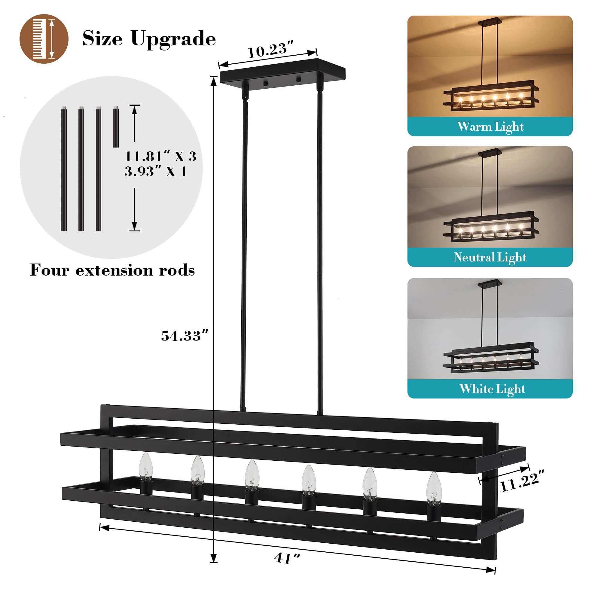 Modern Black Rectangle Chandelier - 6-Light Farmhouse Pendant Lighting for Kitchen Island, Dining Room & Living Room | Rustic Cage Design for Home Decor