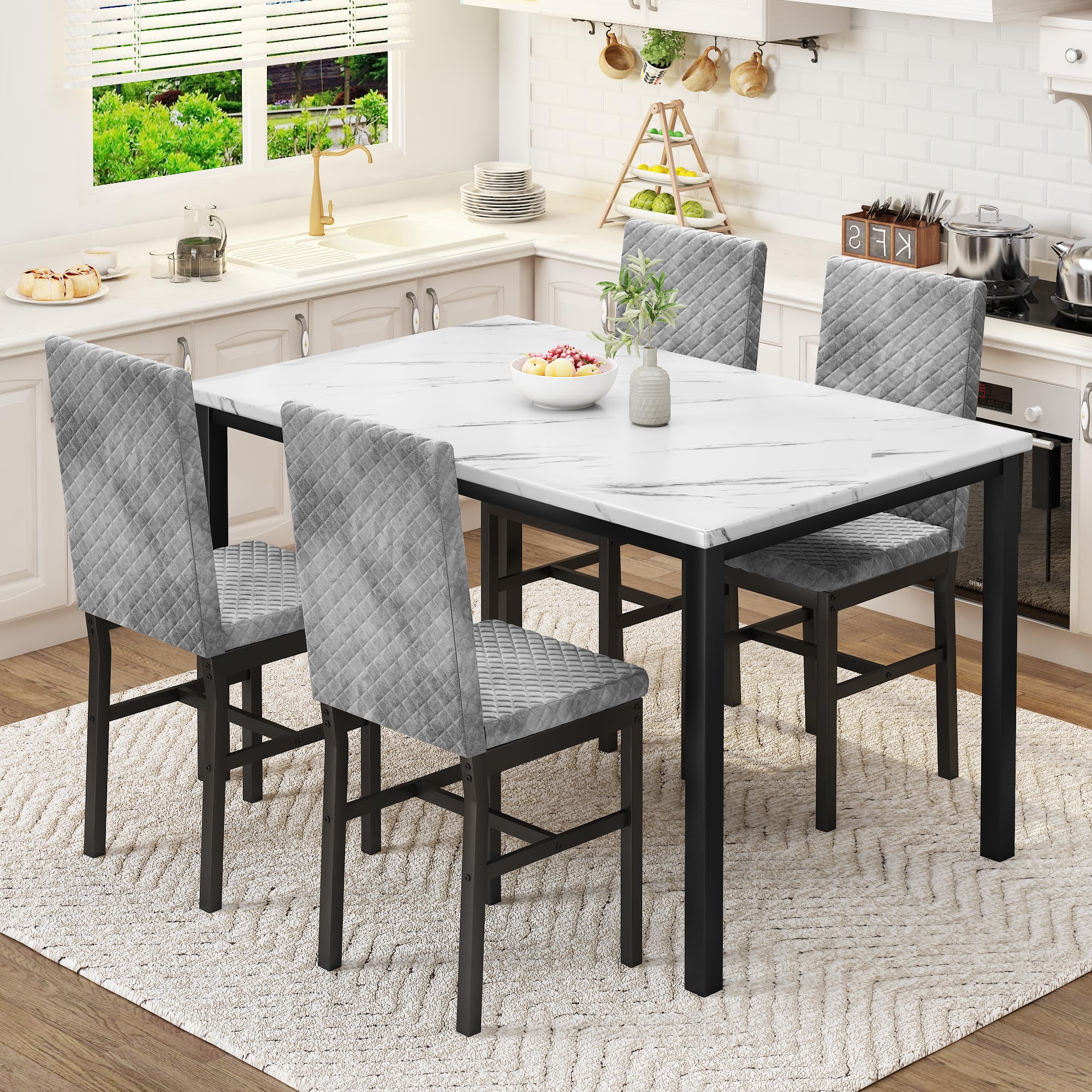 Recaceik 4-Piece Dining Table Set with Upholstered Velvet Chairs - White & Grey Kitchen Table for Small Spaces, Breakfast Nook, Apartment Dining Room