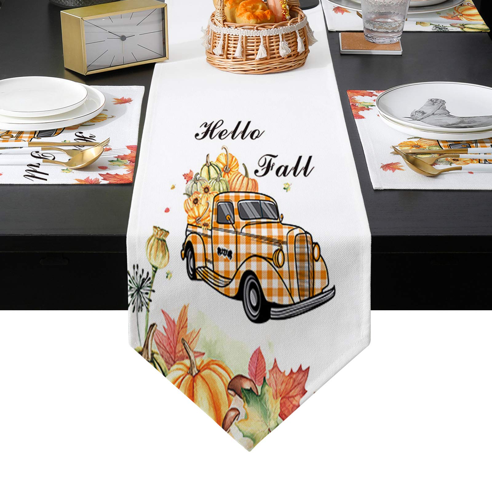 6-Piece Thanksgiving Table Runner Set - Non-Slip Placemats & Decorative Table Runner (16x72 inches) for Coffee Table, Kitchen, TV Stand - Fall Maple Pumpkin Truck Design - Perfect for Autumn Decor & Holiday Gatherings