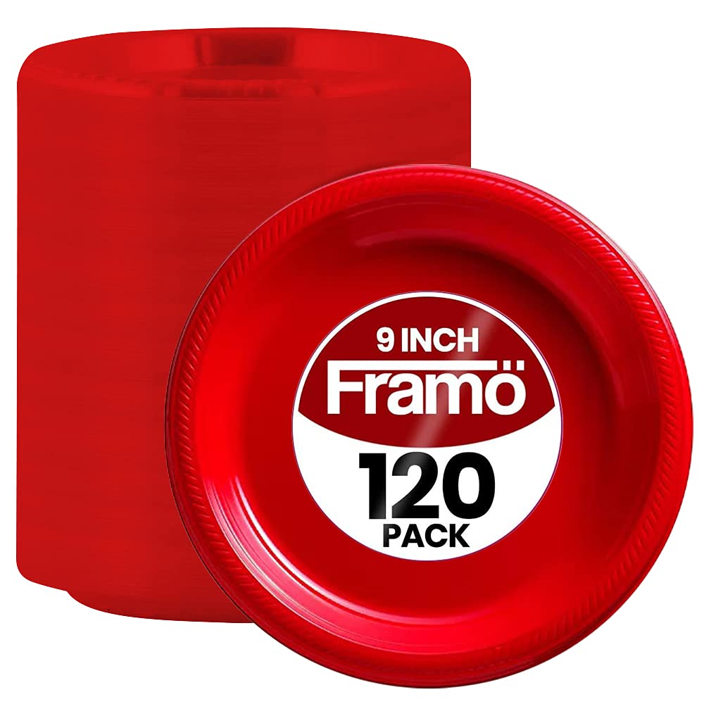 120-Pack 9-Inch Disposable Red Plastic Plates for Parties, Picnics, BBQs, Travel & Special Events - Bulk Round Dinner Plates for Easy Cleanup & Convenience