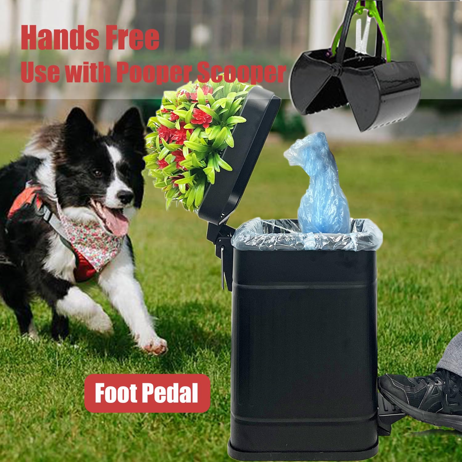 Yatmung 5L/1.3Gal Stainless Steel Metal Trash Can with Lid - Pedal Dog Waste Bin for Outdoor, Bathroom, Bedroom & Office - Black Small Garbage Can for Pet Poop Disposal & Plant Decor