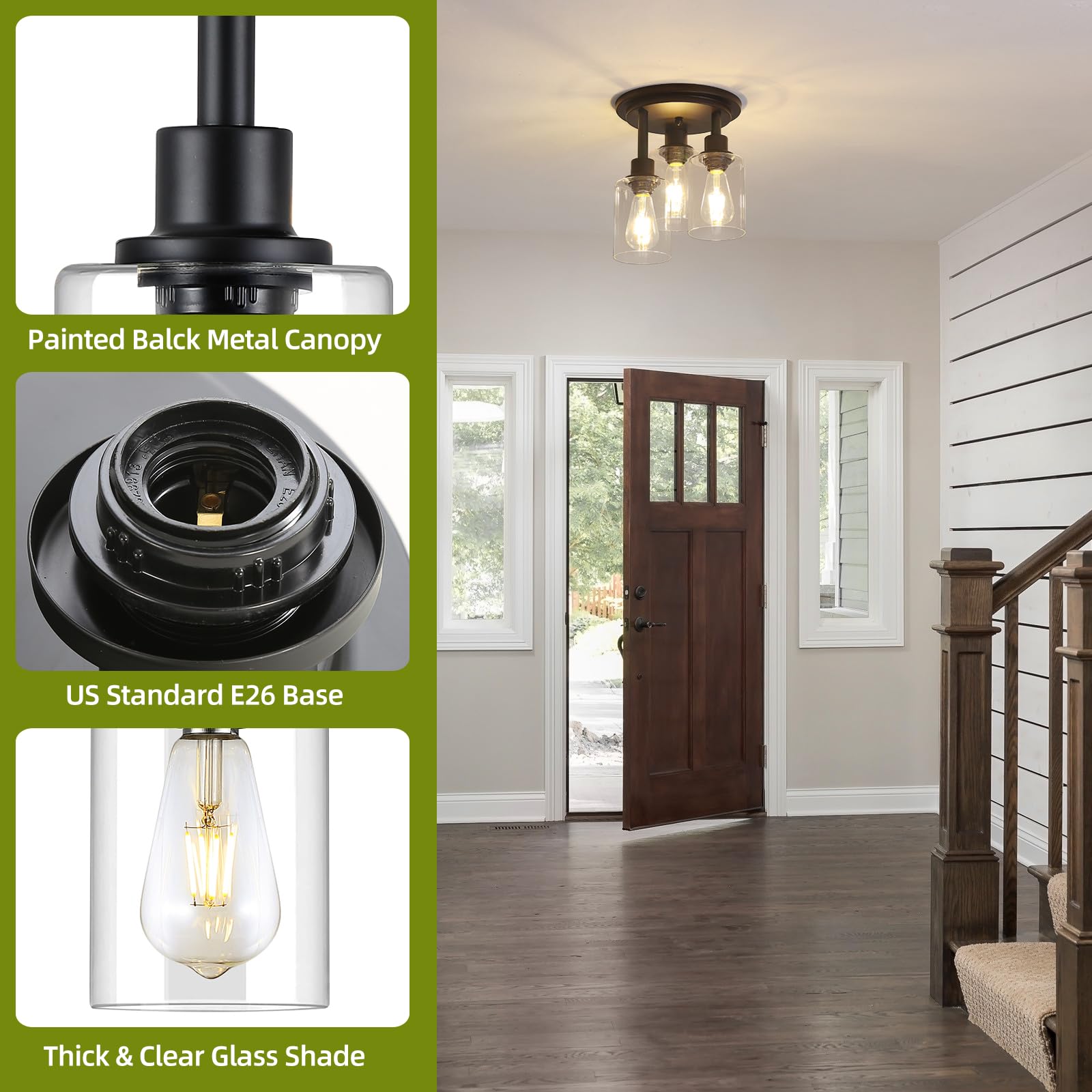 3WWWUEE 3-Light Semi Flush Mount Ceiling Fixture - Clear Glass Shade with Matte Black Finish - Farmhouse Industrial Rustic Lighting for Hallway, Kitchen Island, Entryway & Bedroom - E26 Socket - 11.2 Inch - Perfect for Dining Rooms, Living Rooms and Home Decor