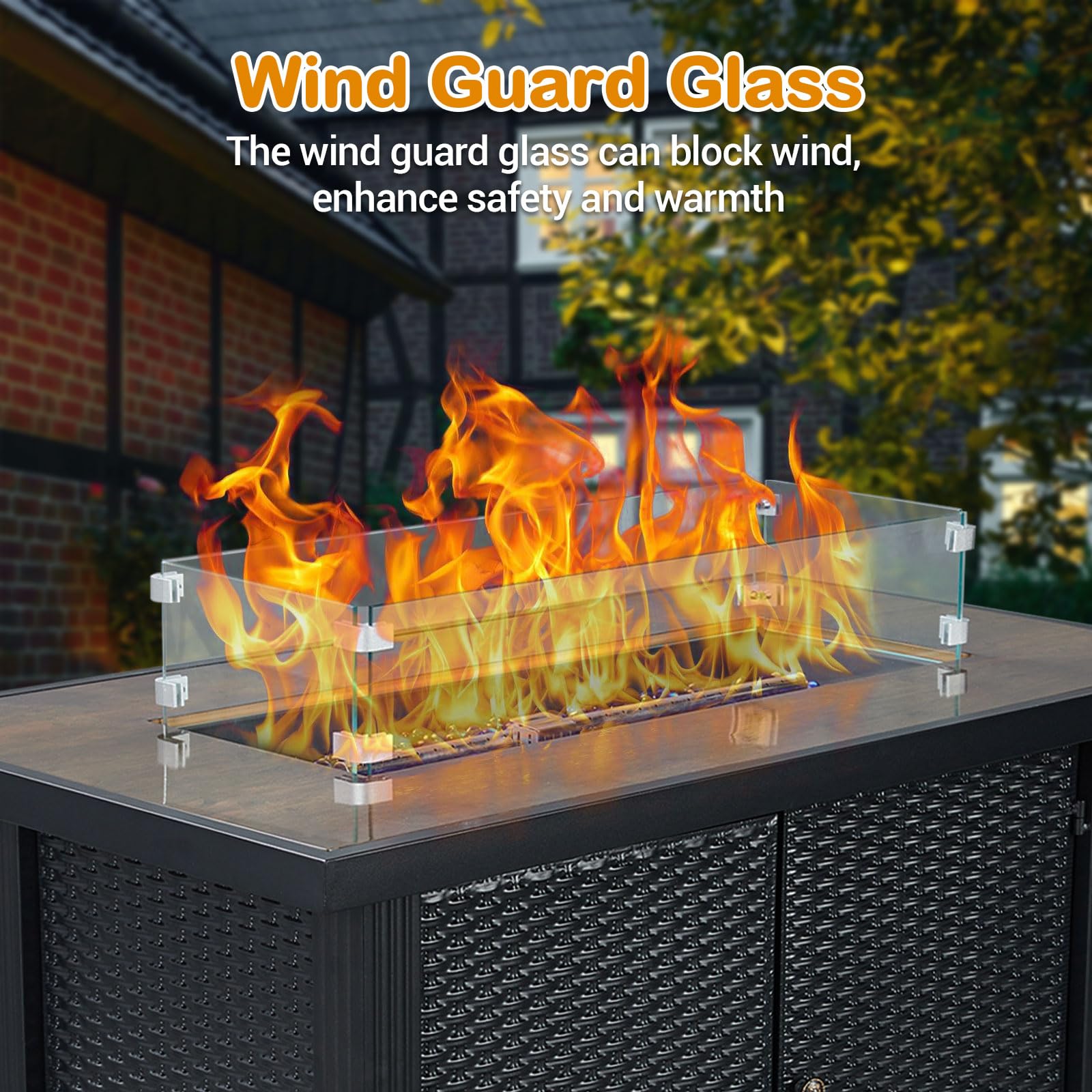 44 Inch Propane Fire Pit Table - 50,000 BTU Outdoor Fire Table with Electronic Ignition, Glass Rocks & Wind Guard - Perfect for Patio, Garden, Backyard & Camping Gatherings