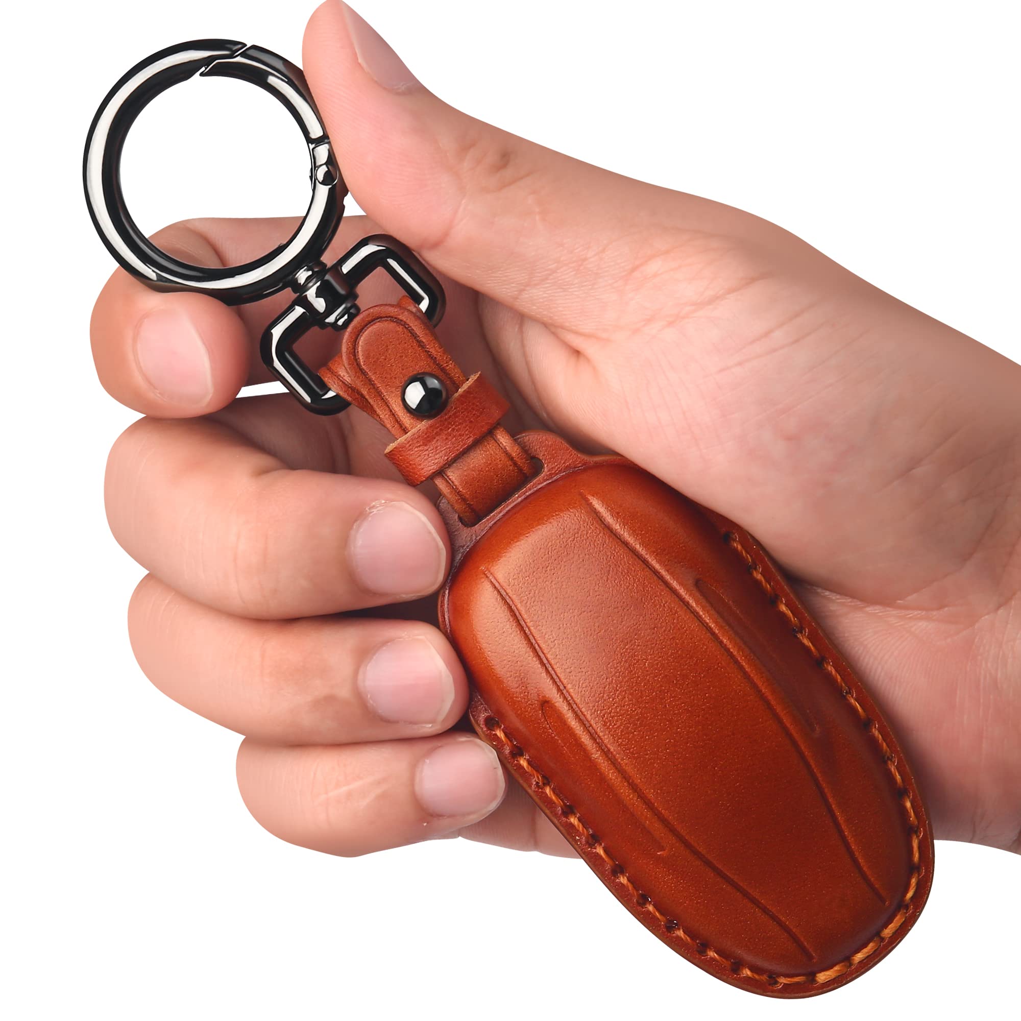 Premium Leather Tesla Key Fob Cover with Keychain - Compatible with Model 3/Y/S/X - Durable Protective Case (Brown) | Perfect Gift for Tesla Owners & Car Accessories Enthusiasts