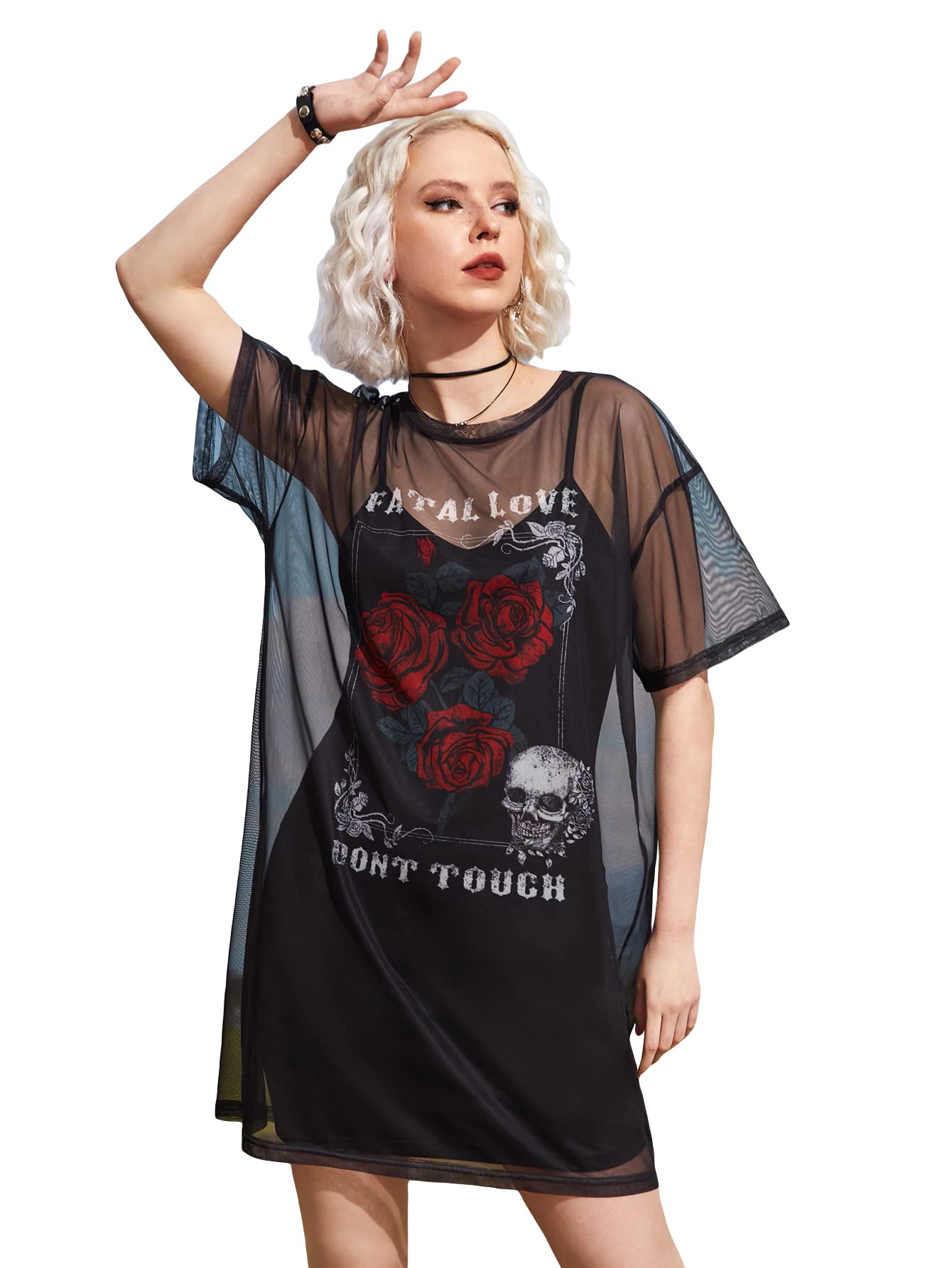 SheIn Women's Floral Print Short Sleeve Sheer Mesh T-Shirt Dress with Built-in Cami - Summer Casual Outfit for Beach, Party & Date Night