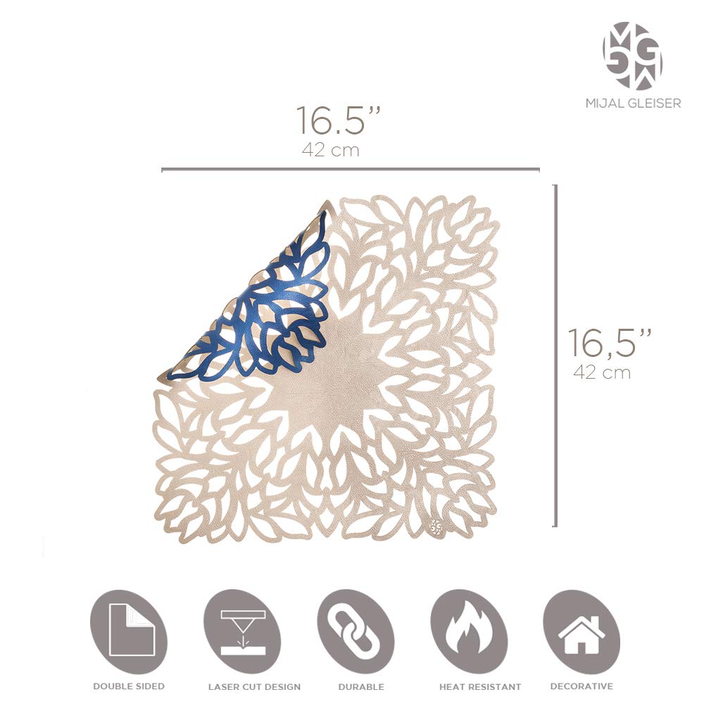 Mijal Gleiser Double Sided Laser Cut Placemats - Heat Resistant, Non Slip & Stain Proof - Set of 4 - Sea Flower Collection (Royal Blue & Champagne) - Perfect for Dining Tables, Kitchen Countertops & Party Decorations