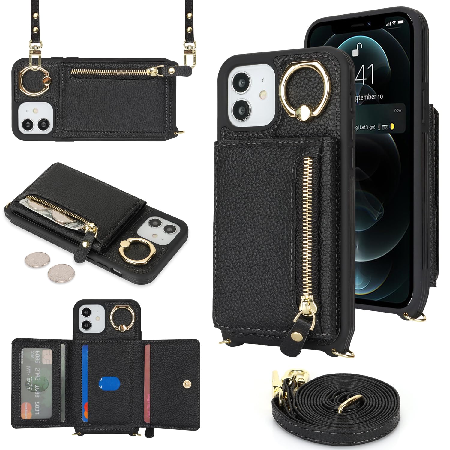 Premium Leather iPhone 12/12 Pro Wallet Case with Card Holder, Crossbody Strap & Stand Ring - Black | Slim Protective Phone Cover with Zipper Pocket for Women & Men | Perfect for Travel, Shopping & Everyday Use