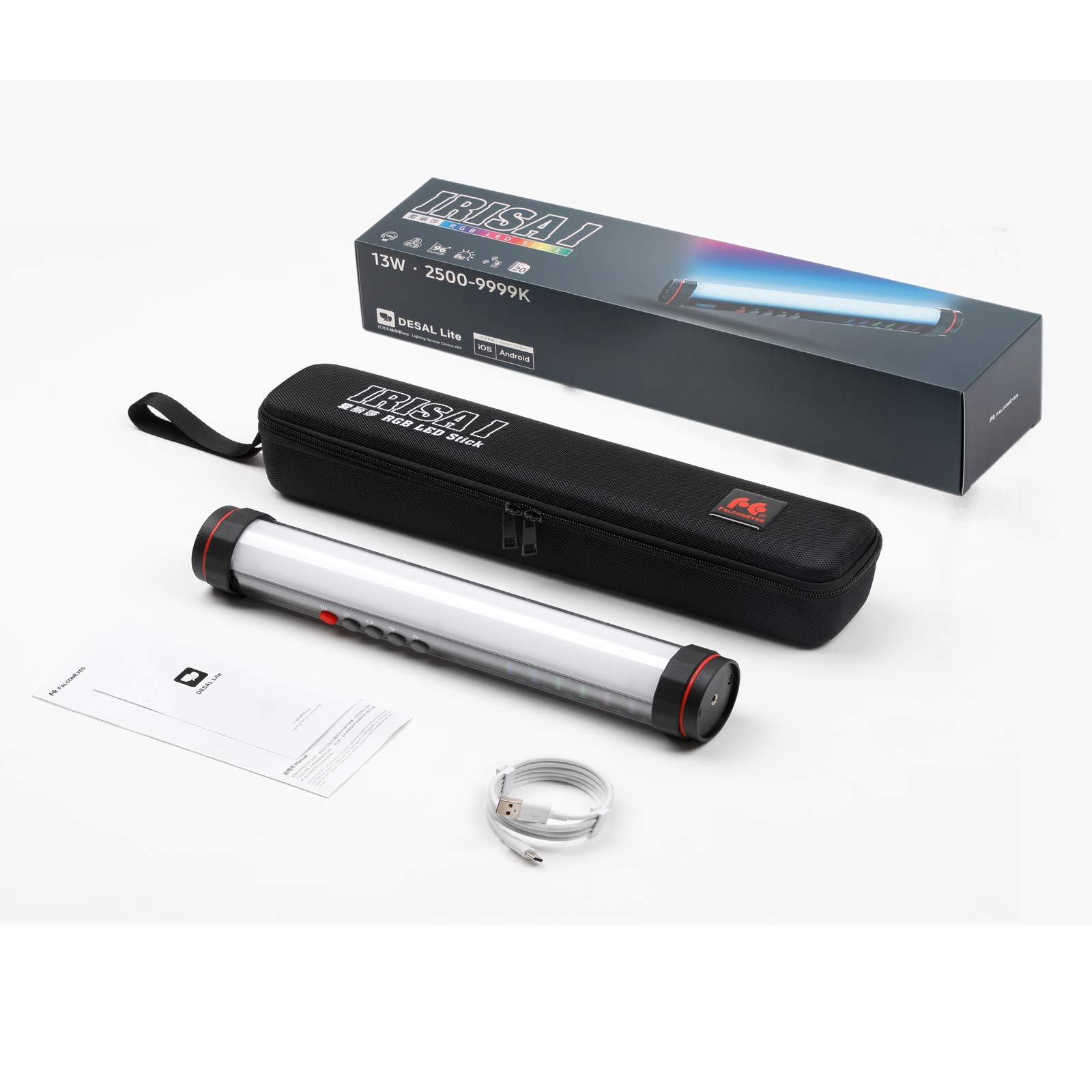 Falcon Eyes Irisa 1 RGB Light Wand - 13W Handheld Photography Light with Built-in Battery, App Control & 20 Lighting Effects - Magnetic Mounting - Perfect for YouTube Videos, TikTok Content Creation, and Studio Photography