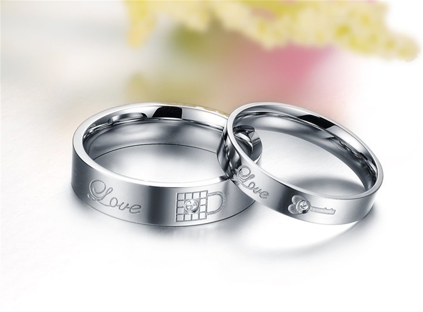 Unique White Titanium Stainless Steel Couple Rings with Love Lock & Key Design - Crystal Inlay Engagement & Wedding Bands for Him & Her - Perfect for Anniversaries, Proposals, and Romantic Gifts