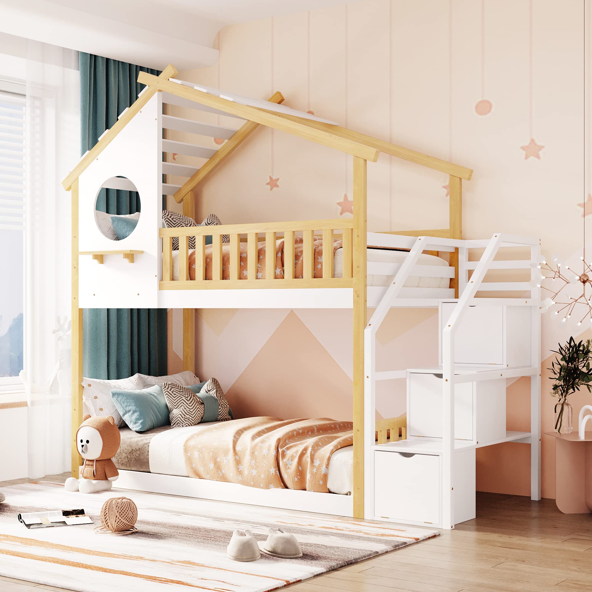 MERITLINE Twin Over Twin Low Bunk Bed with Roof & Stairs - Solid Wood Bunk Bed for Kids, Girls & Boys in Natural White Finish | Space-Saving Bedroom Solution for Siblings & Sleepovers