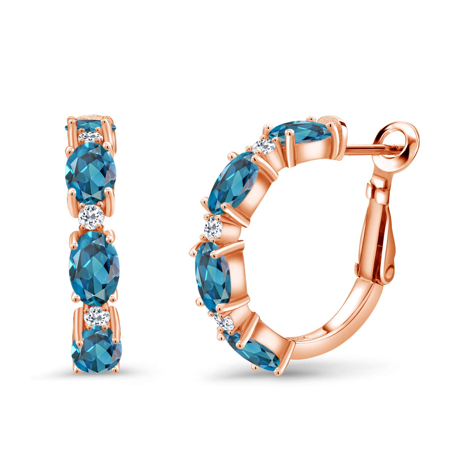 5.04 Ct Oval London Blue Topaz & White Topaz 18K Rose Gold Plated Silver Hoop Earrings for Women - Elegant Dangle Jewelry for Weddings, Parties & Special Occasions
