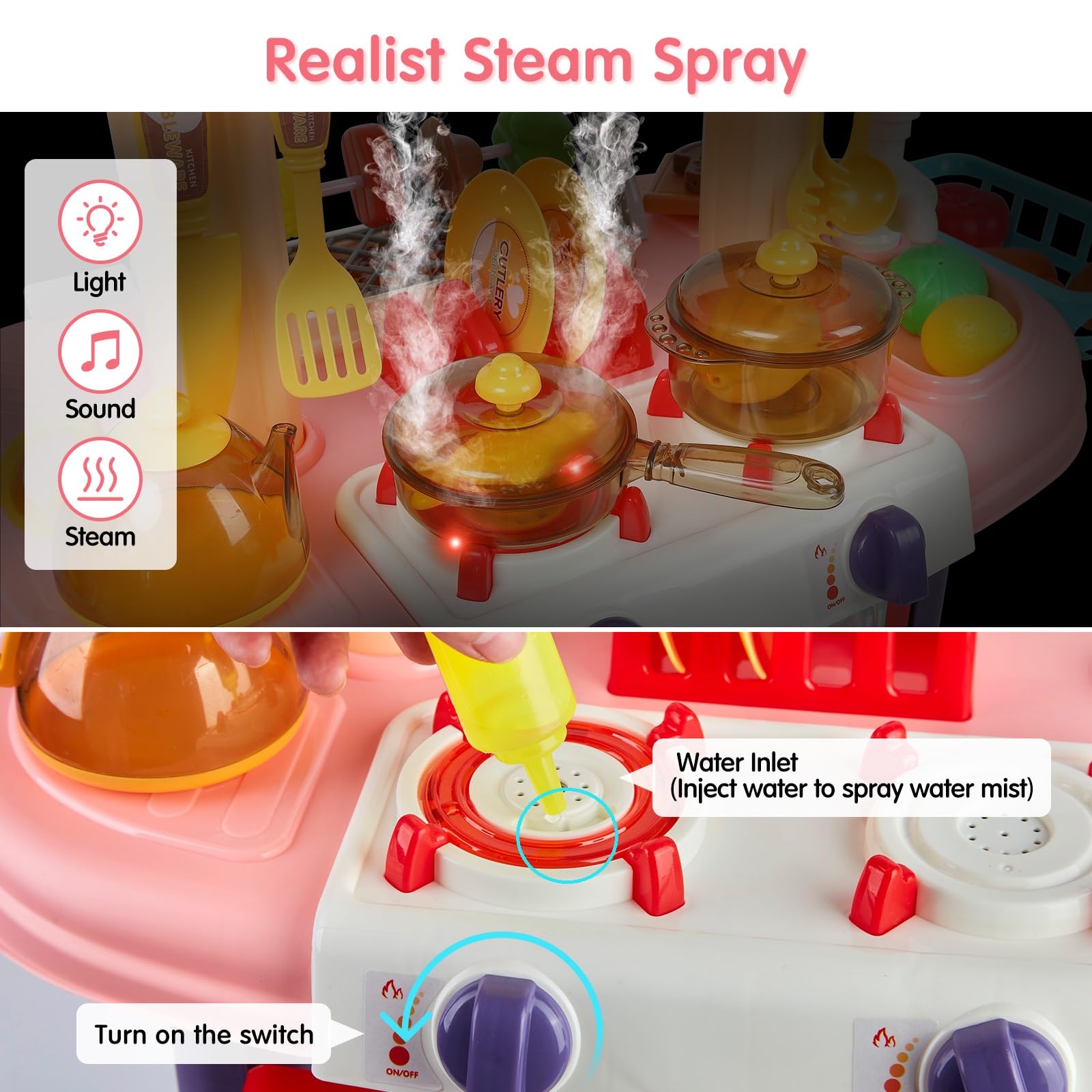 2-in-1 Kids Kitchen Playset with BBQ Grill - Pretend Play Kitchen Toy with Running Water, Steam, Lights & Sounds for Toddlers 3-5 Years | Perfect for Imaginative Play, Birthday Gifts & Preschool Learning Activities