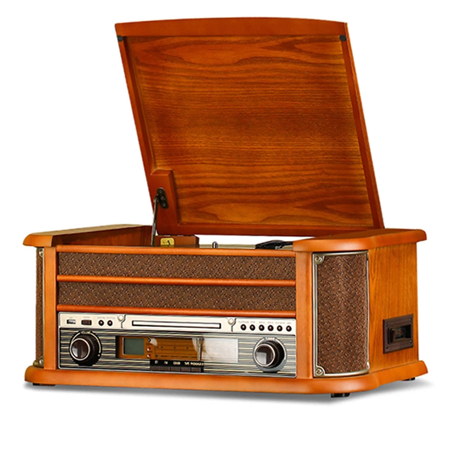 6-in-1 Bluetooth Record Player & Multimedia Center with Built-in Stereo Speakers - Vintage Turntable, Wireless Bluetooth Speaker, FM Radio, USB/SD/AUX Playback - Perfect for Living Room, Bedroom or Office Music Entertainment