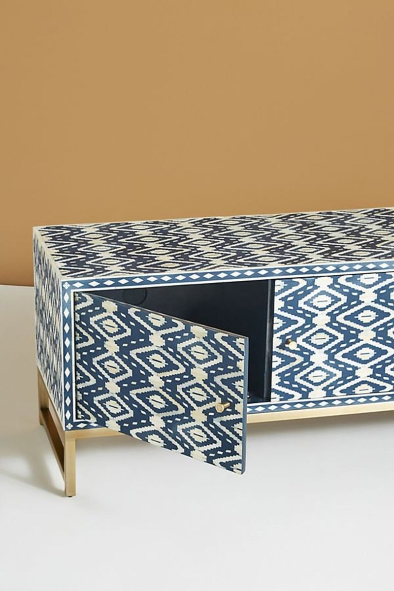 Handmade Bone Inlay Media Console TV Stand - Indigo Blue Wooden Entertainment Center with 3 Drawers for Living Room, Bedroom & Home Theater Setup