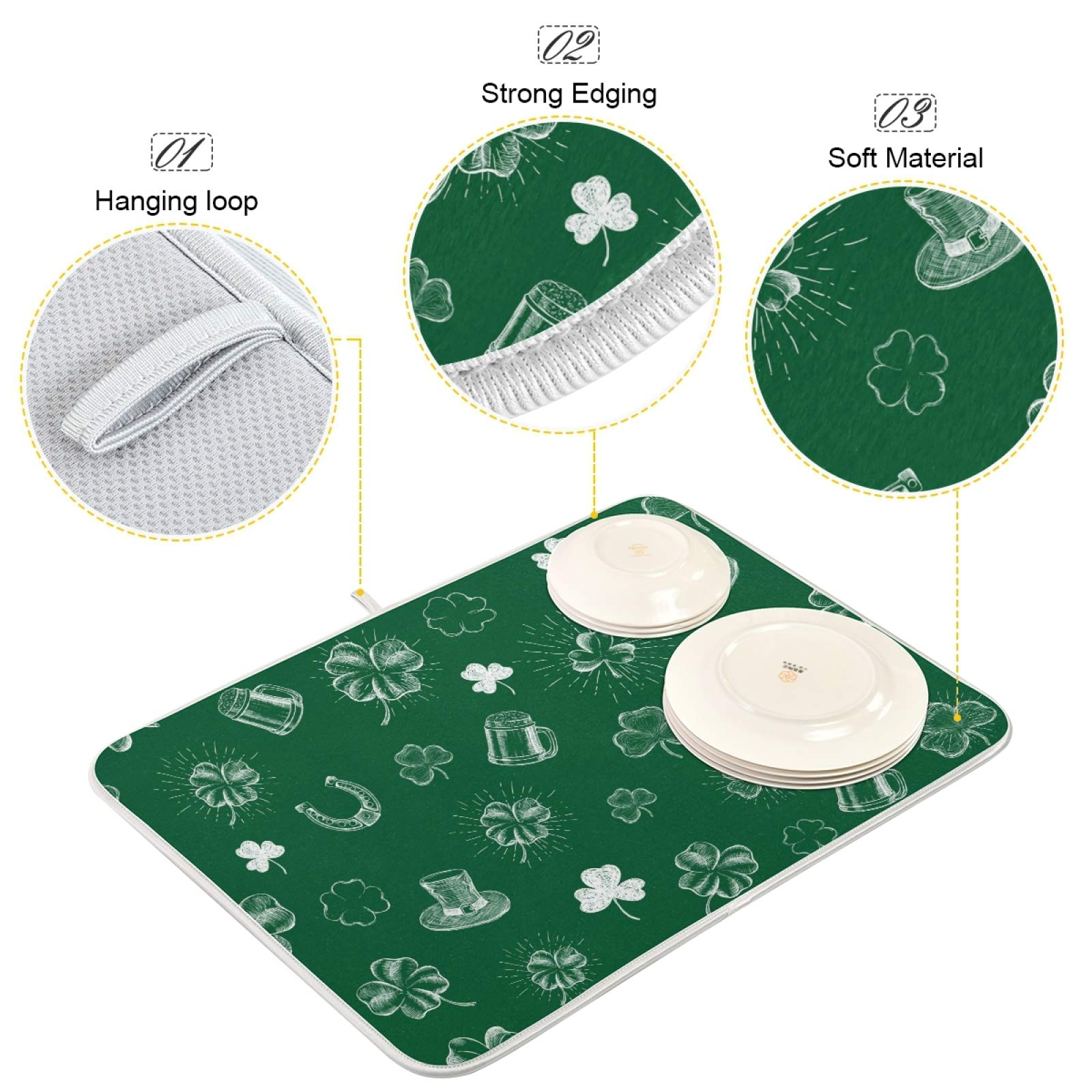 St Patrick's Shamrock Dish Drying Mat - Kitchen Counter Protector for Bottles & Dishes