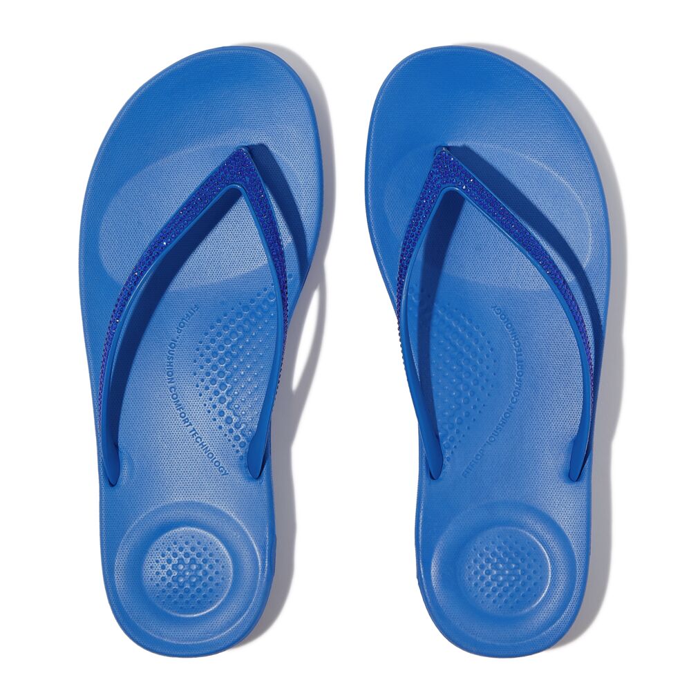 FitFlop Iqushion Sparkle Flip Flops Sandals for Women - Comfortable French Blue Glitter Beach Sandals with Arch Support | Perfect for Pool, Vacation & Summer Outfits