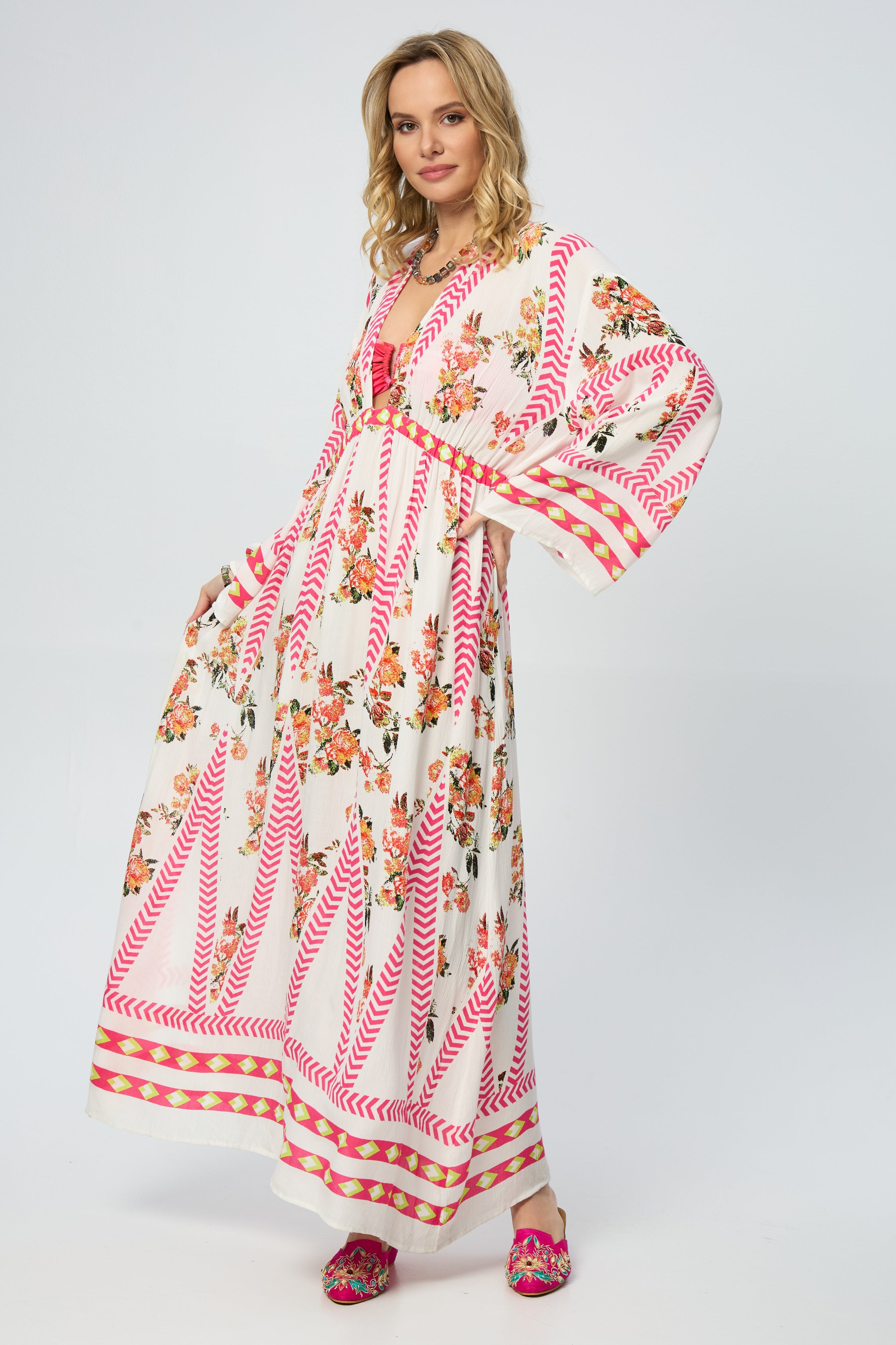 Aztec Floral Keyhole Kaftan Dress - Boho Chic Maxi Dress for Women - Perfect for Beach, Vacation & Summer Outfits