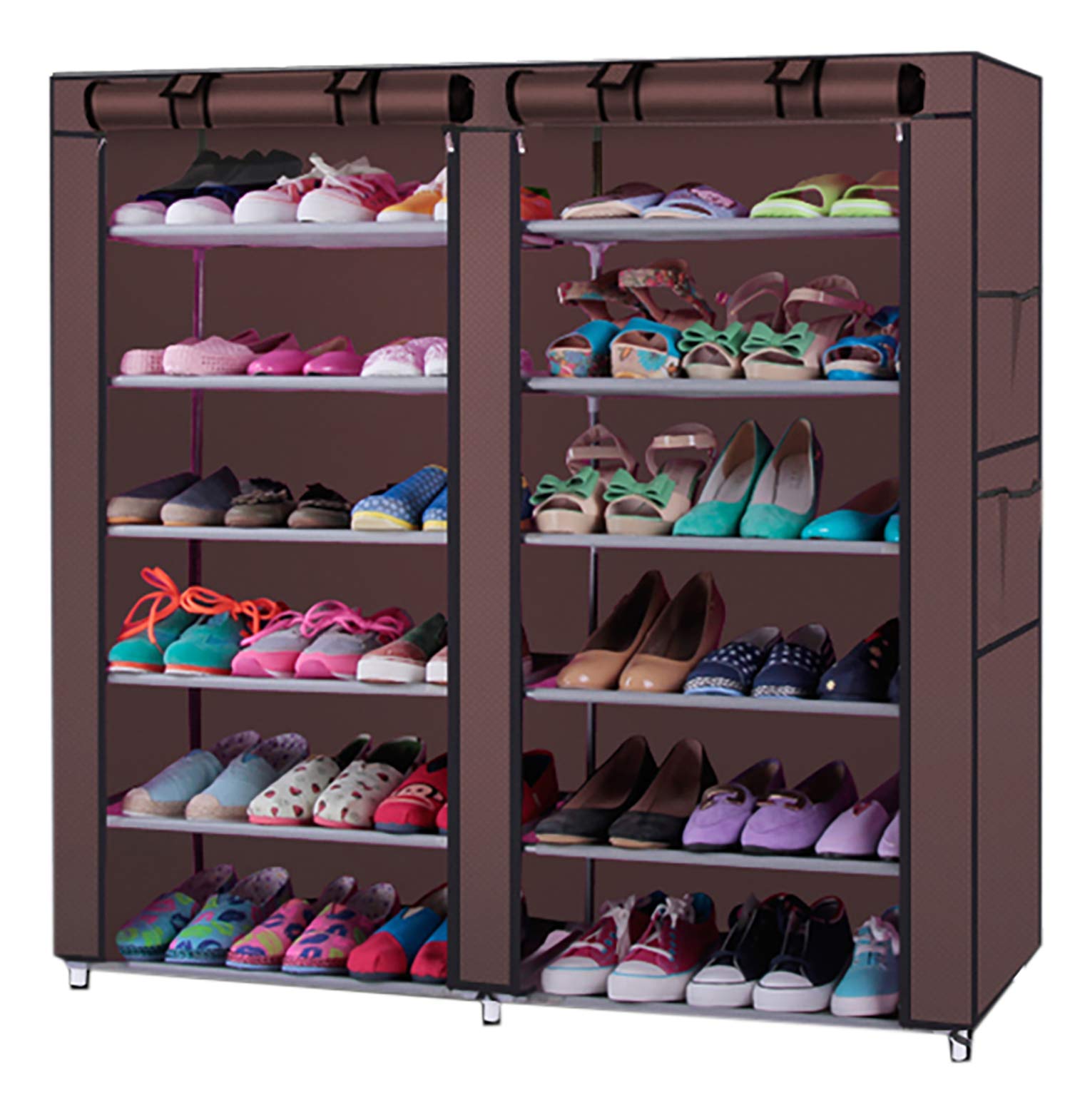 6-Row 2-Line Shoe Storage Organizer with Dustproof Covers - Space Saving 36-Pair Shoe Rack Tower for Closet, Bedroom & Entryway - Portable Double Row Shoe Shelf Cabinet for Home Organization (Coffee)
