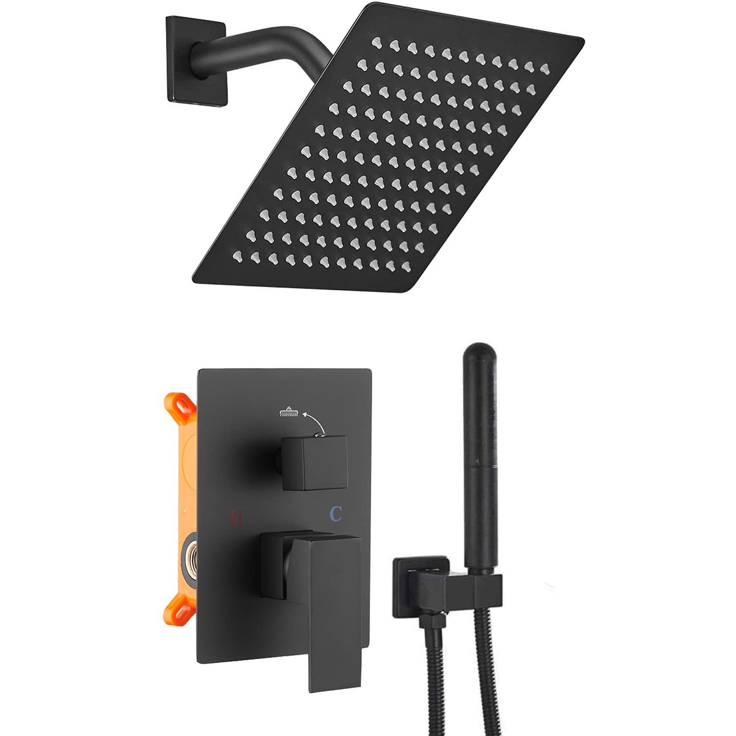 GGStudy 8-Inch Square Stainless Steel Rainfall Shower Faucet System with Handheld Spray - Black Shower Trim Kit & Rough-in Valve for Modern Bathrooms | Perfect for Spa-Like Showers and Bathroom Renovations