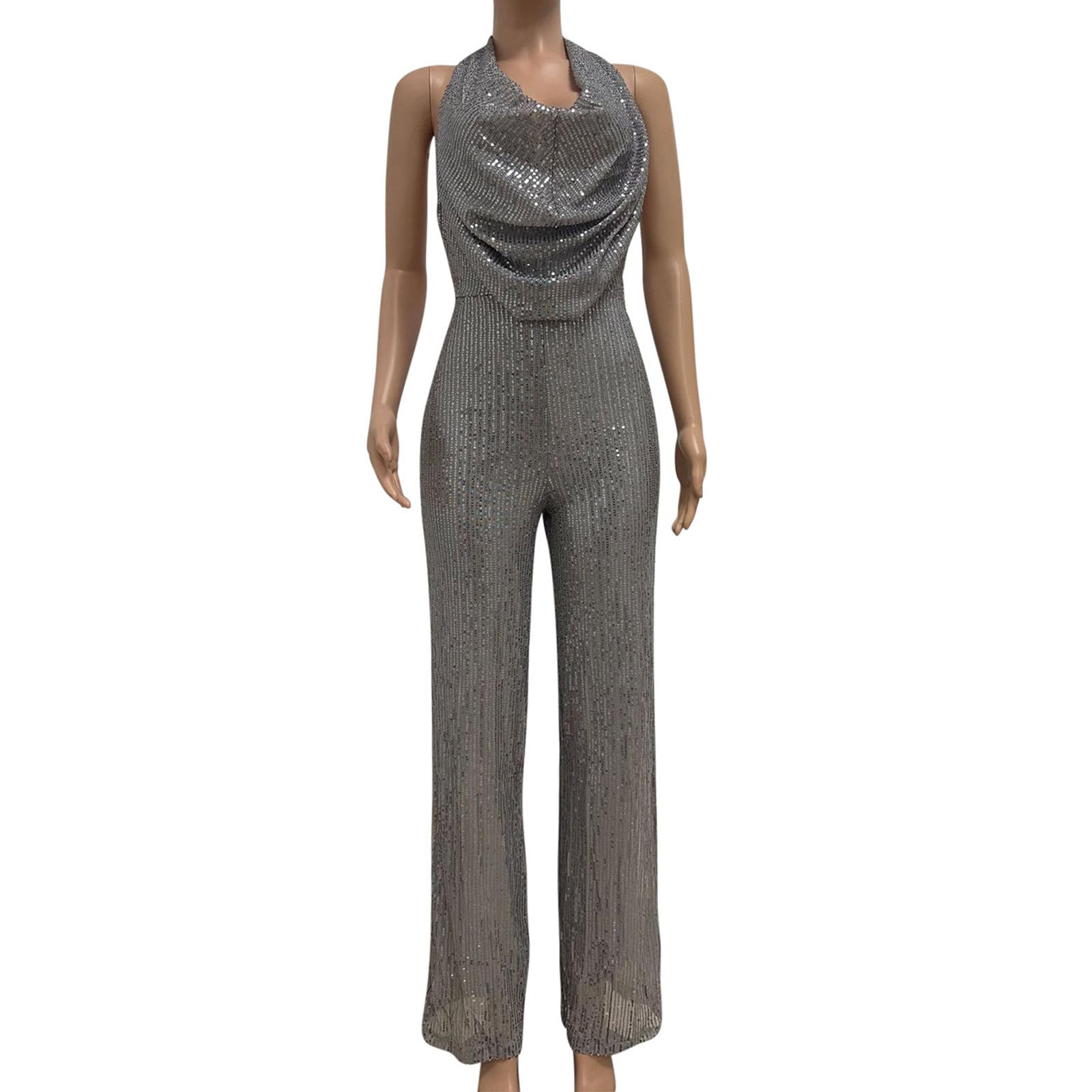 Feancey Women's Sequin Jumpsuit - Sexy Halter V-Neck Overalls, Slim Fit Party Romper with Glitter for Club & Night Out | Perfect for Dancing, Date Night, and Special Occasions