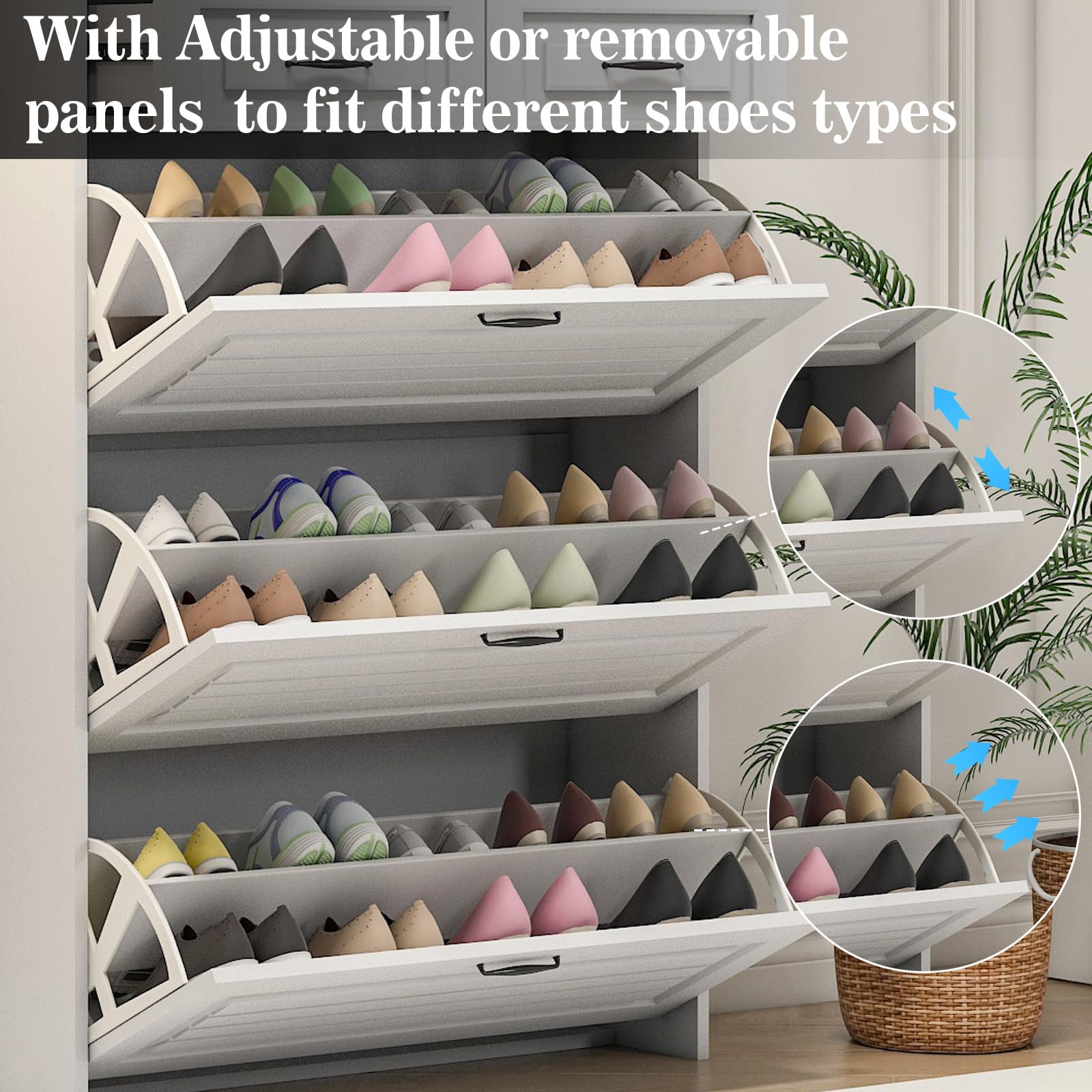 WIIS' IDEA Hidden Shoe Cabinet for Entryway - 3 Door & 2 Drawer Narrow Shoe Storage Organizer, White Flip Down Shoe Rack with 4 Tiers - Space Saving Wooden Shoe Cabinet for Living Room, Hallway, Apartment Entry - Perfect for Small Spaces & Home Organization