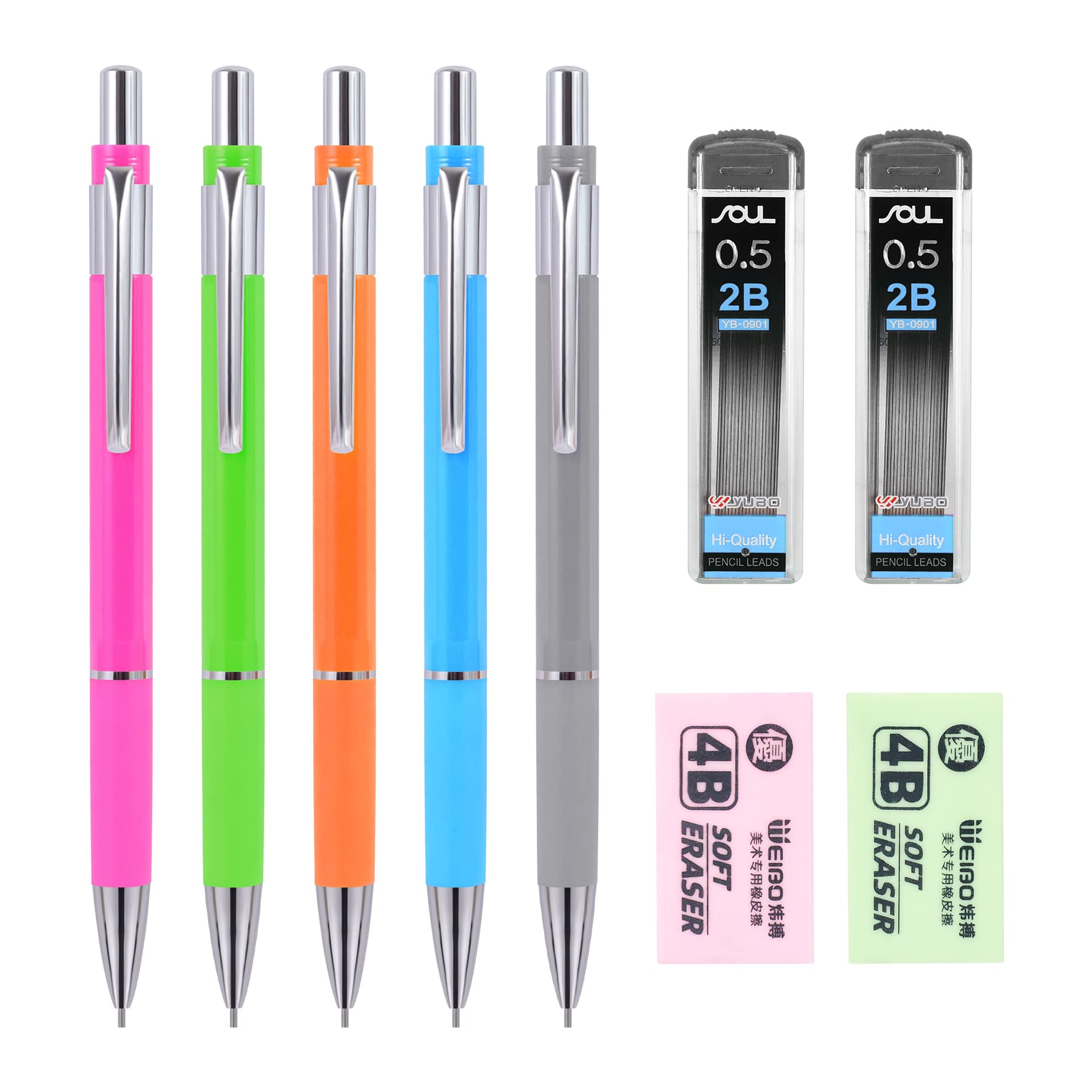 Premium 0.5mm Mechanical Pencils Set - 5 Pack with 2 Lead Refills & 2 Erasers for School, Office, Art, Architecture, Engineering - Perfect for Writing, Drawing, Sketching & Technical Drafting