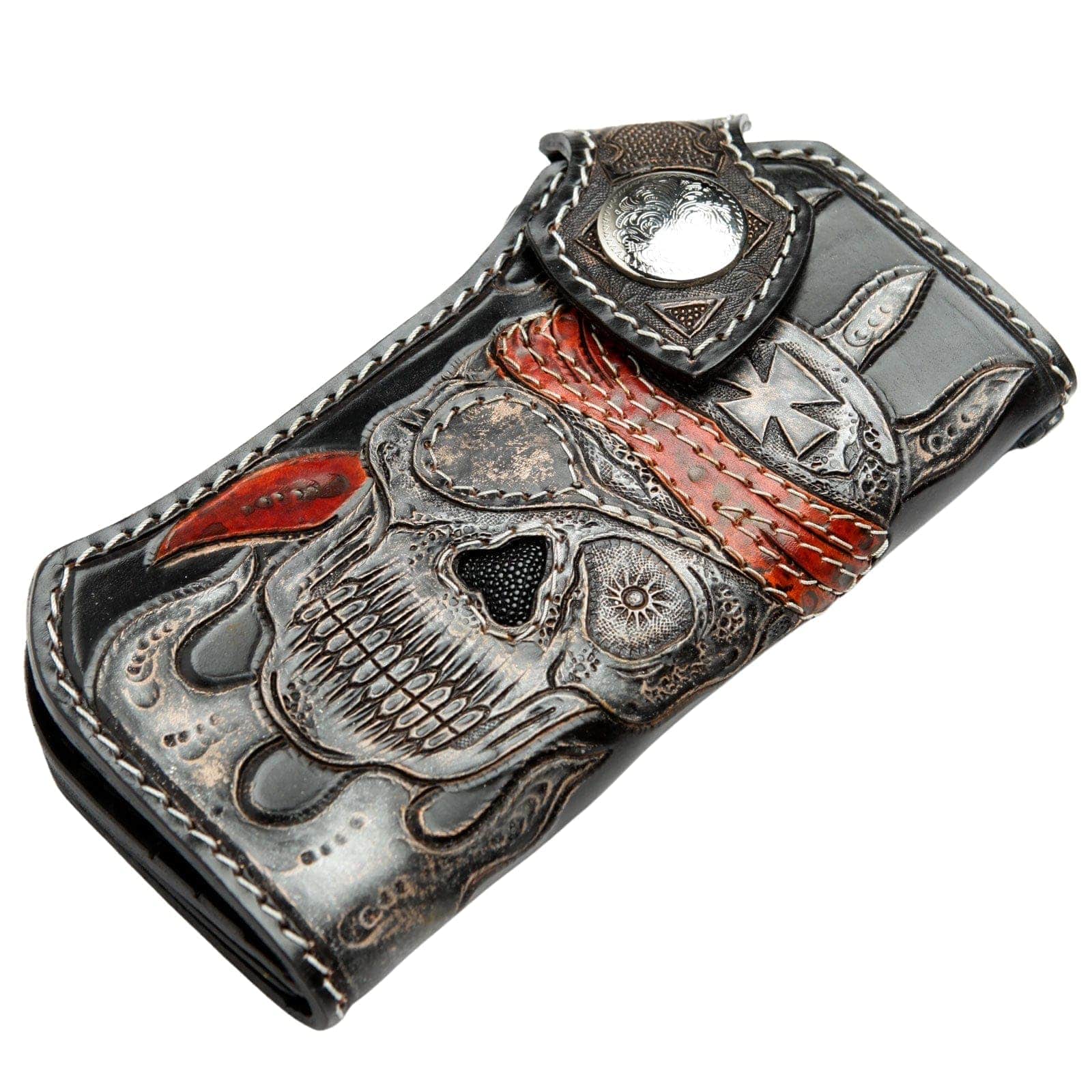 Genuine Leather Pirate Skull Biker Wallet with Chain - Stylish & Durable for Motorcycle Riders, Bikers, and Fashion Enthusiasts