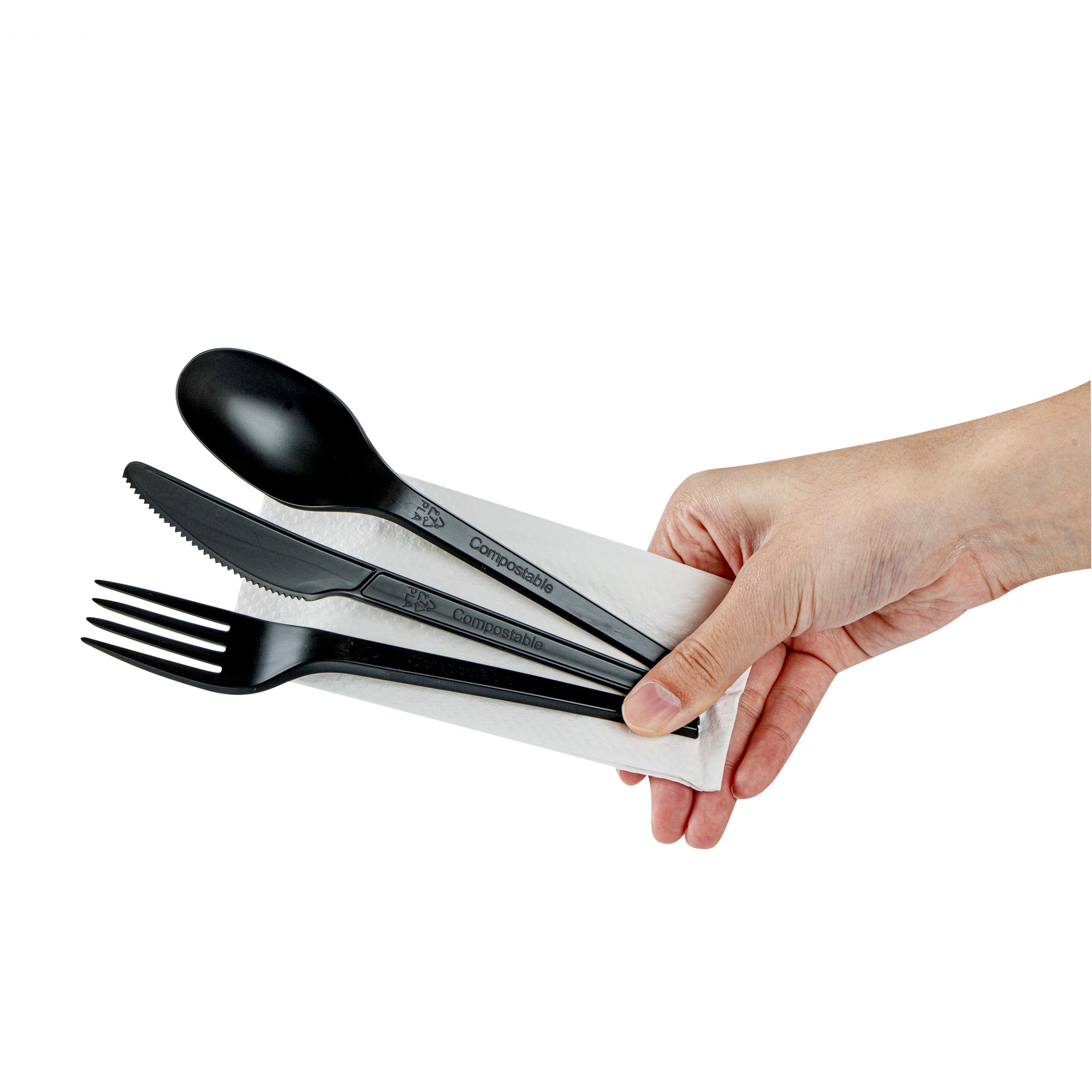 Eco-Friendly Black CPLA Plastic Cutlery Set - 100-Piece Compostable Utensils with Heat-Resistant Forks, Knives & Spoons | Includes Biodegradable Wrapper & White Napkins | Perfect for Parties, Picnics & Takeout Meals