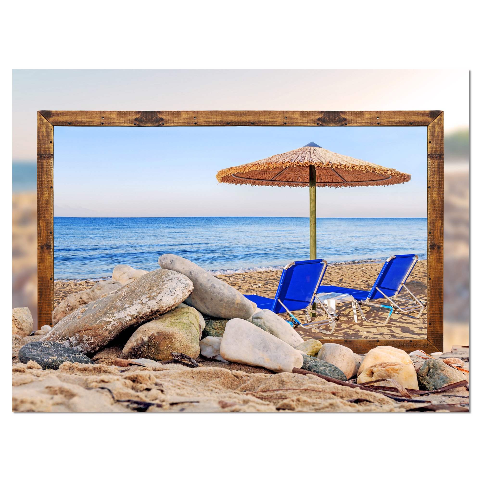 Framed Beach Canvas Art Print - Scenic Seashore with Chairs & Umbrella - Perfect for Living Room, Bedroom & Coastal Decor