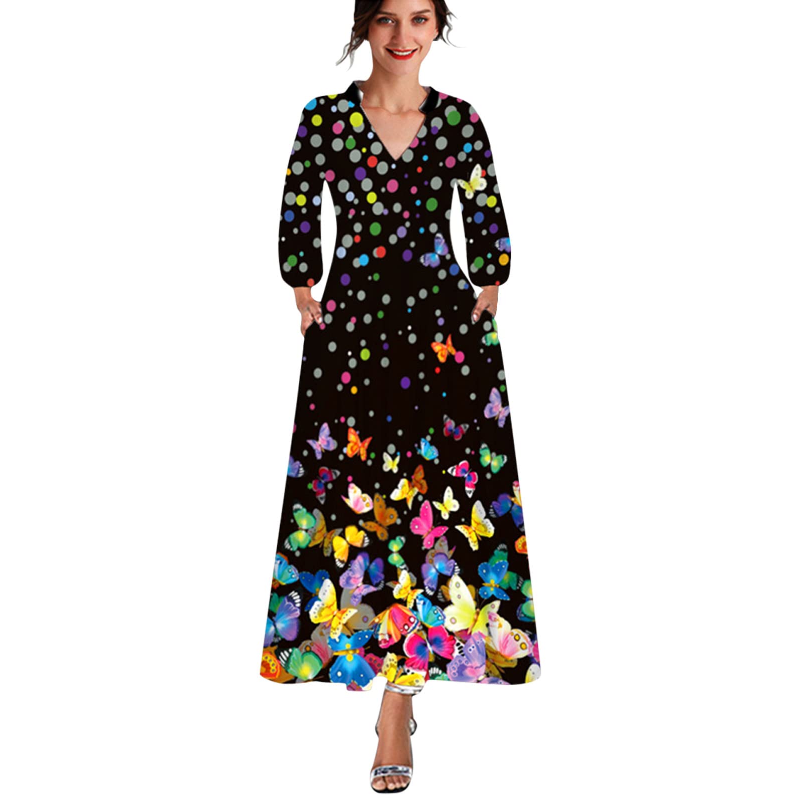 Women's Boho Beach Long Sleeve Maxi Dress - Flowy V-Neck Casual Sundress with Print, Loose Fit for Summer | Perfect for Beach Vacations, Music Festivals & Boho Chic Outfits