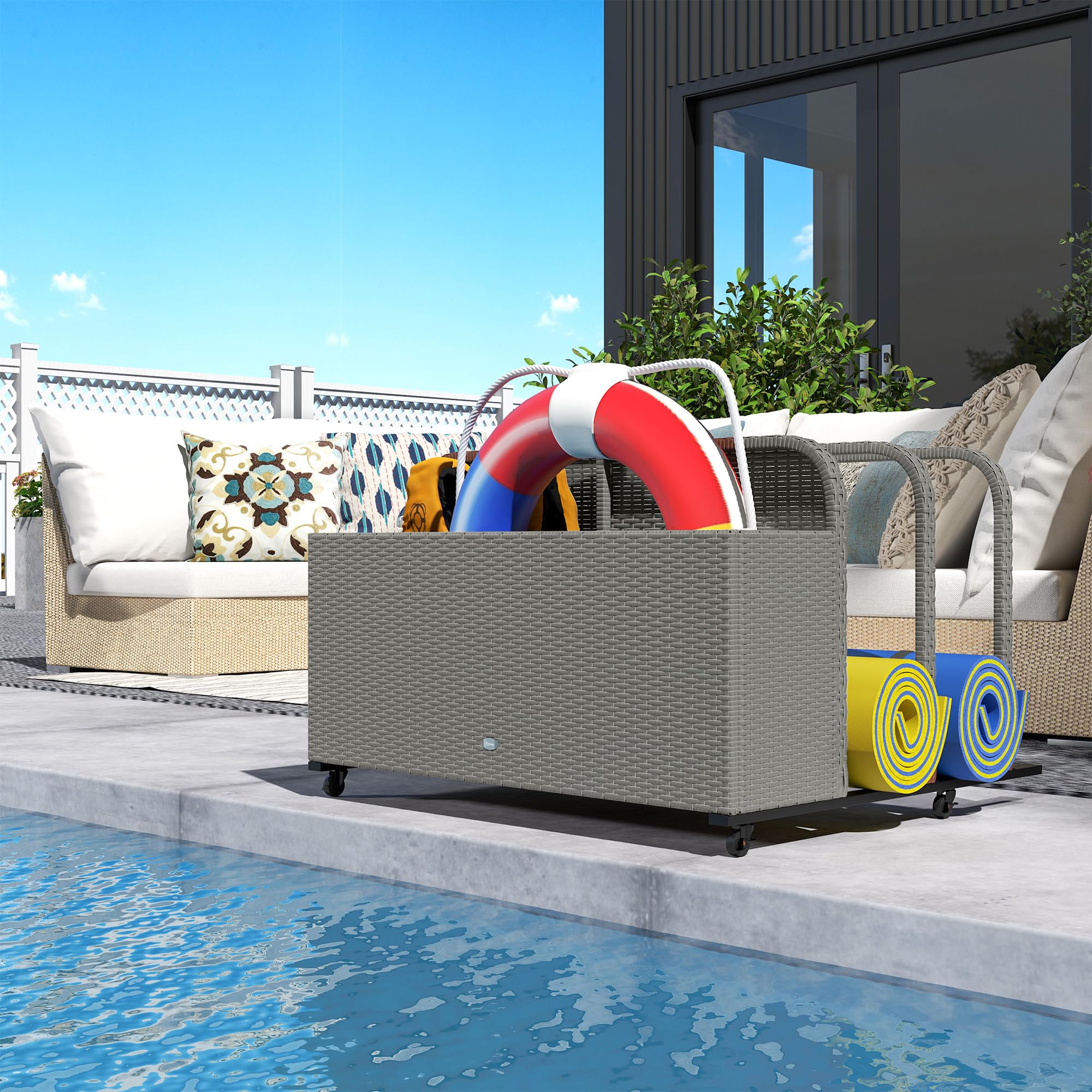 Outsunny PE Rattan Pool Float Storage Basket with Wheels - Outdoor Wicker Caddy Organizer for Pool Toys, Floaties, Noodles, Beach Balls & Life Vests - Durable Gray Patio Storage for Backyard, Poolside & Beach Use