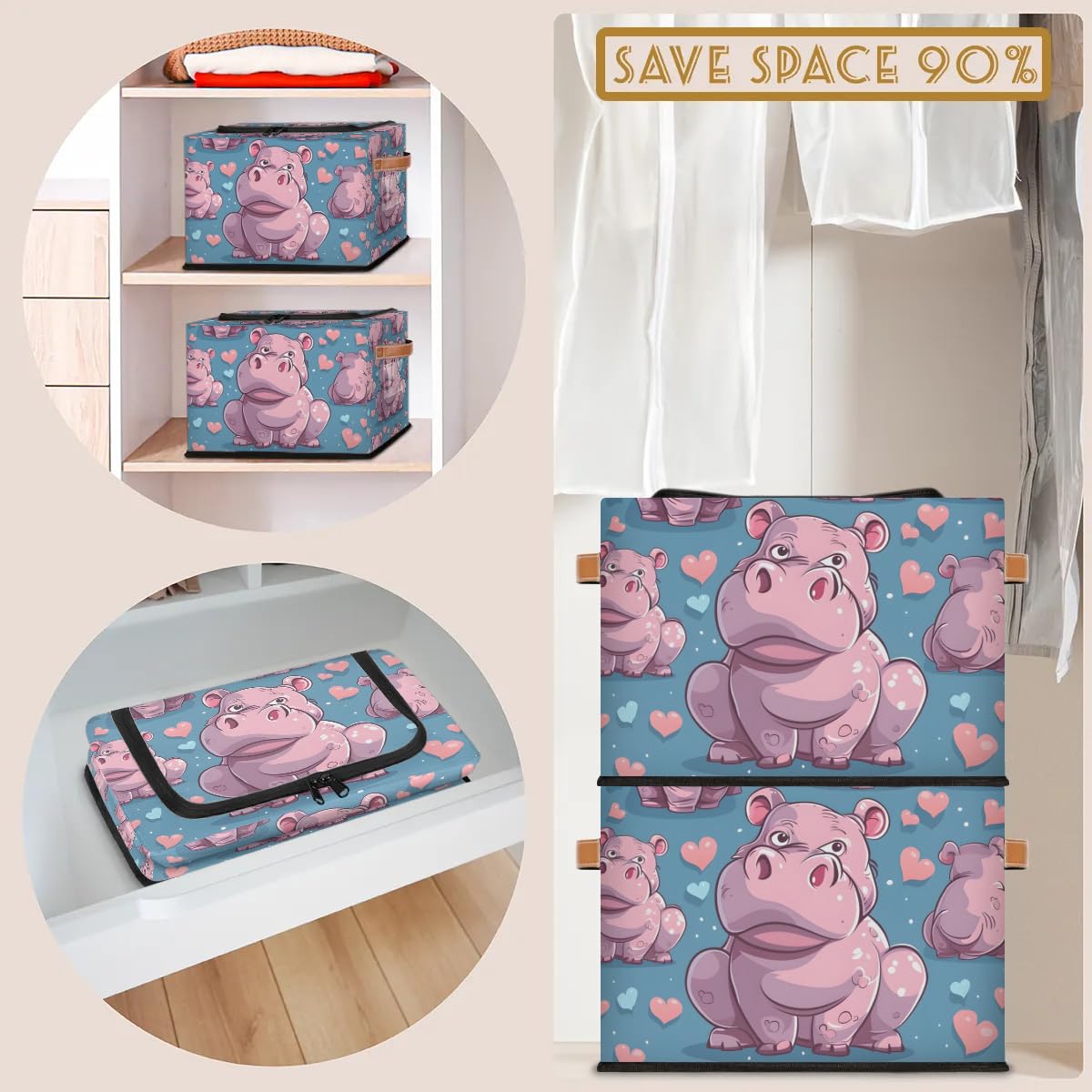 Pink Heart Hippo Storage Bins with Zipper Lid - 2 Pack Stackable Closet Organizer Baskets with Metal Frame & PU Handles - Perfect for Clothes, Toys, and Home Organization