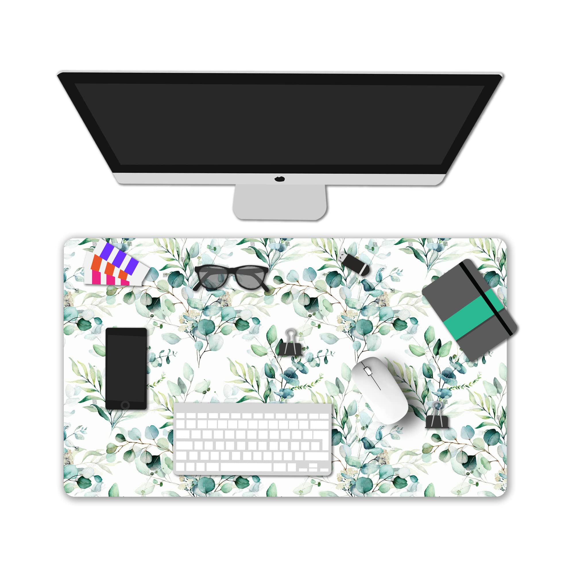 XXL Extended Gaming Mouse Pad with Non-Slip Rubber Base - Waterproof Large Keyboard Mat for Work, Office & Home - Eucalyptus Leaf Floral Design Desk Decor | Perfect for PC Gaming, Writing & Workspace Organization