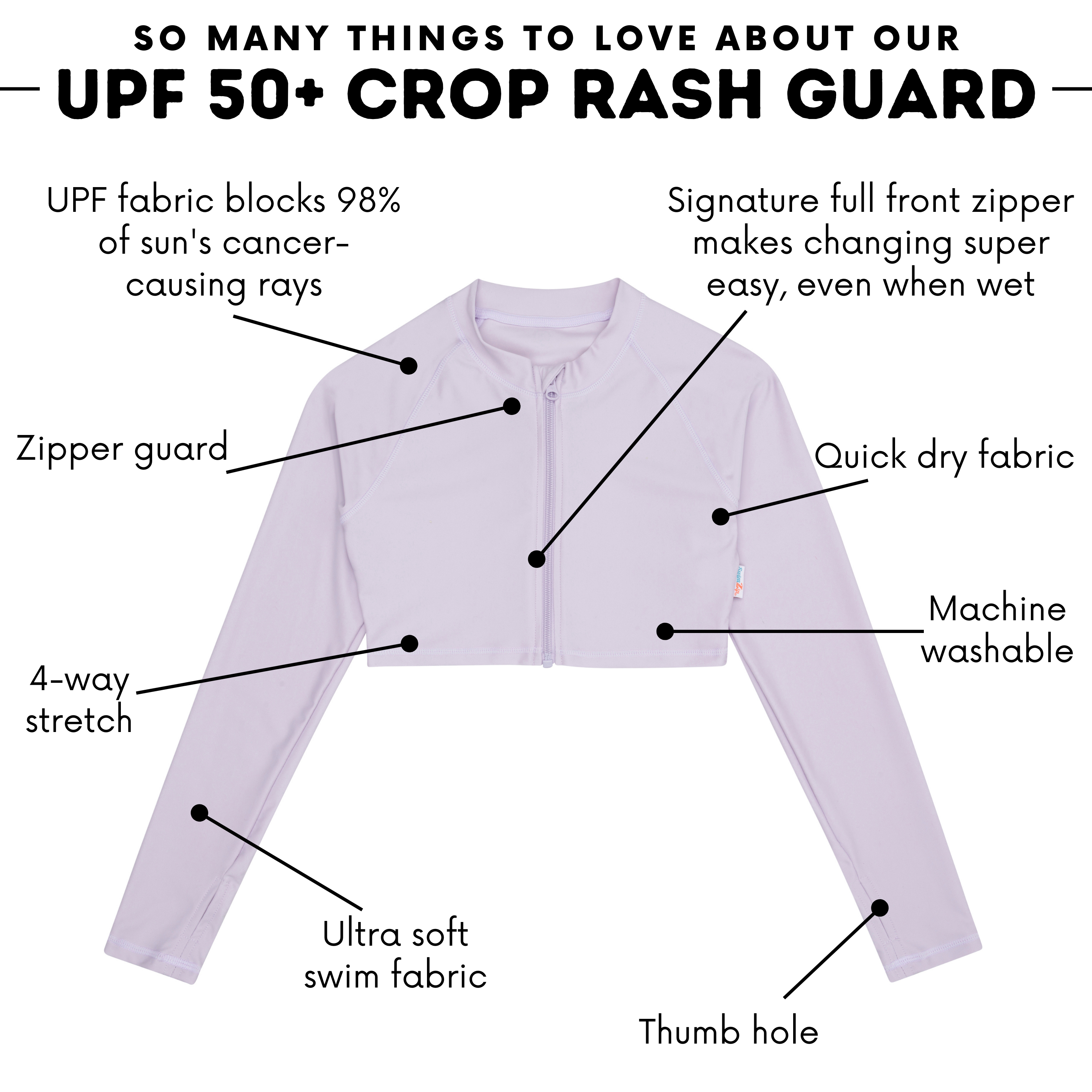 Girls Long Sleeve Crop Rash Guard UPF 50+ Sun Protection Swim Shirt for Surfing, Swimming & Beach Activities | Orchid Purple