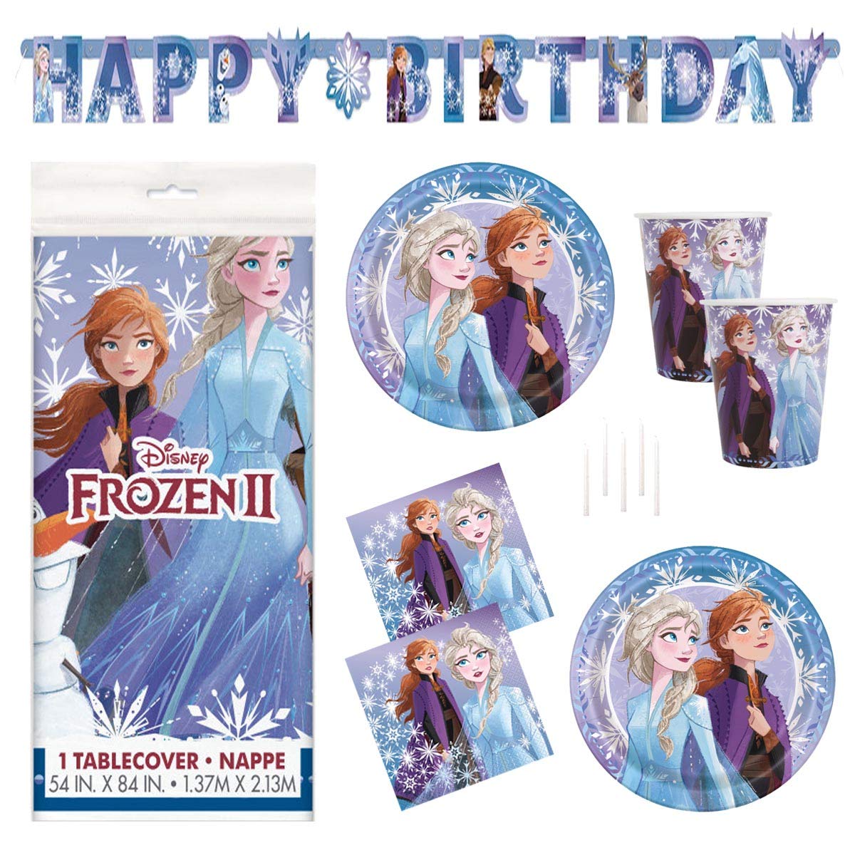 Frozen 2 Party Supplies Set for 16 Guests - Disney Birthday Decorations Kit with Banner, Table Cover, Plates, Napkins, Cups & Candles - Perfect for Kids Birthday Parties, Themed Events & Disney Movie Nights