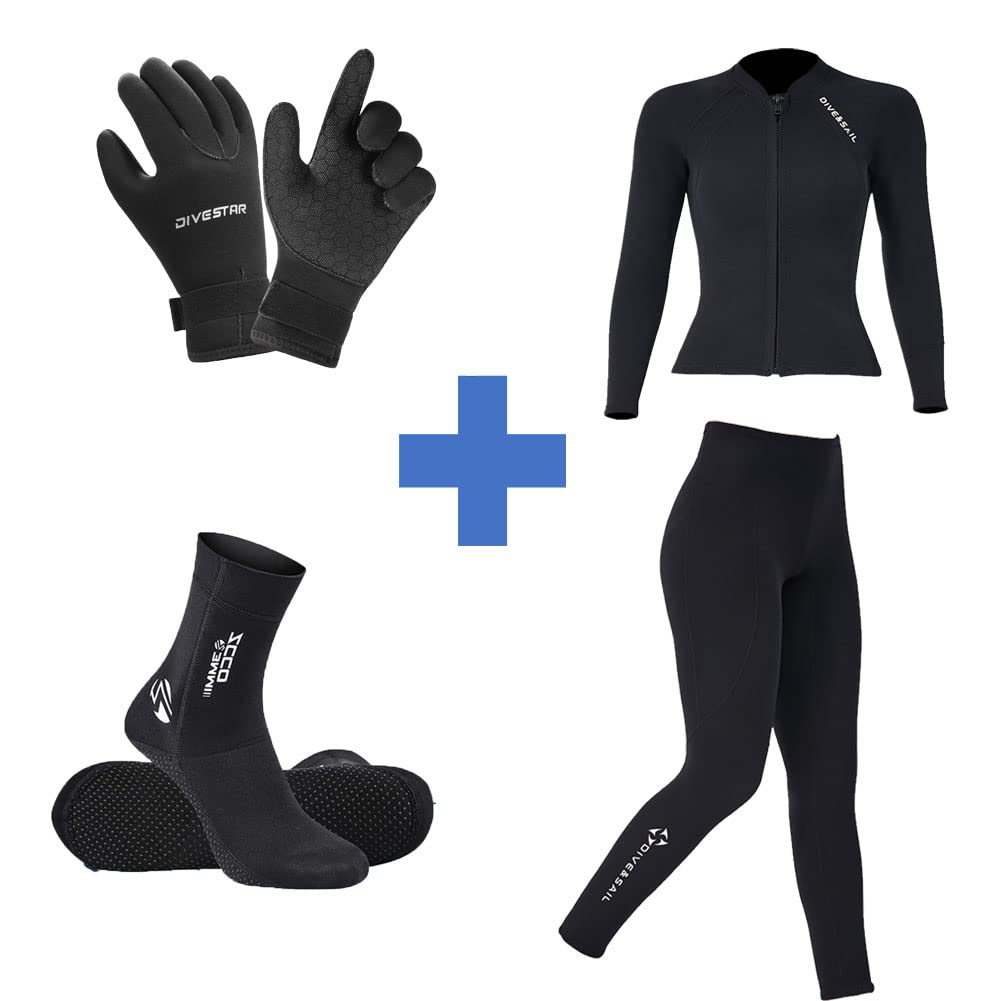 Skyone 4-Piece 2MM Neoprene Wetsuit Set for Men & Women - XXL Top, Large Pants, Medium Hood & Socks - Scuba Diving, Surfing, Snorkeling Gear for Cold Water Adventures