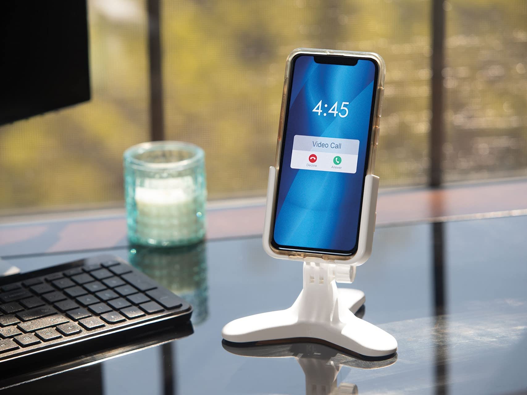 **WeatherTech White Adjustable Universal Cell Phone Holder Stand - Tripod Design for iPhone & Smartphone Charging - Royal Blue Metal Knobs - Perfect for Desk, Office, Home & Travel Use**